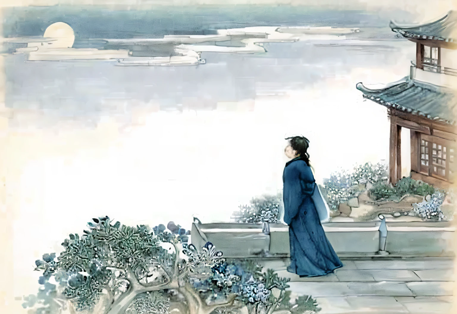 Painting a man in a blue robe looking out at the lake, ruan jia and arthur rackham, inspired by Ma Lin, by Emperor Huizong of Song, by Xuande Emperor, ren xun and maruyama ōkyo, inspired by Tang Yin, Daoism, author:Sheng Maoye, Taoism