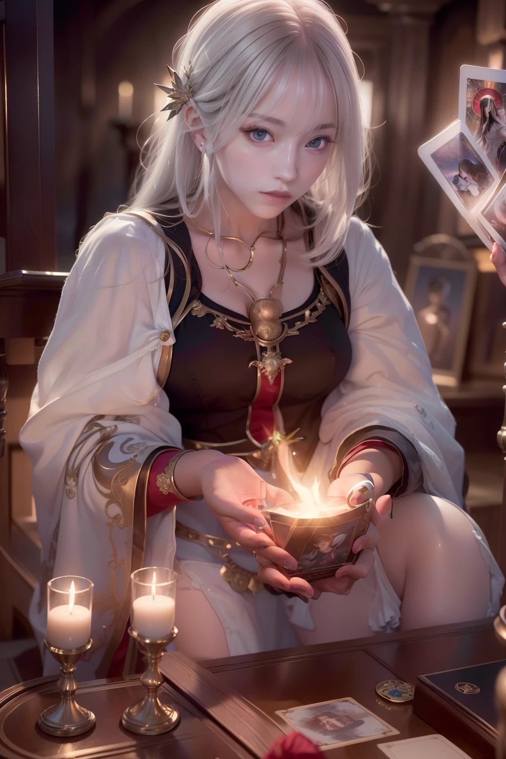Mysterious woman doing tarot reading,Tarot Reading,cute face,Blunt bangs, Straight hair, Shiny hair,Medieval mystery clothes,Mysterious fortune teller,Mysterious hermit,White Magician,magical lights,albino,Red Eyes,Red glowing eyes,Light of Magic,