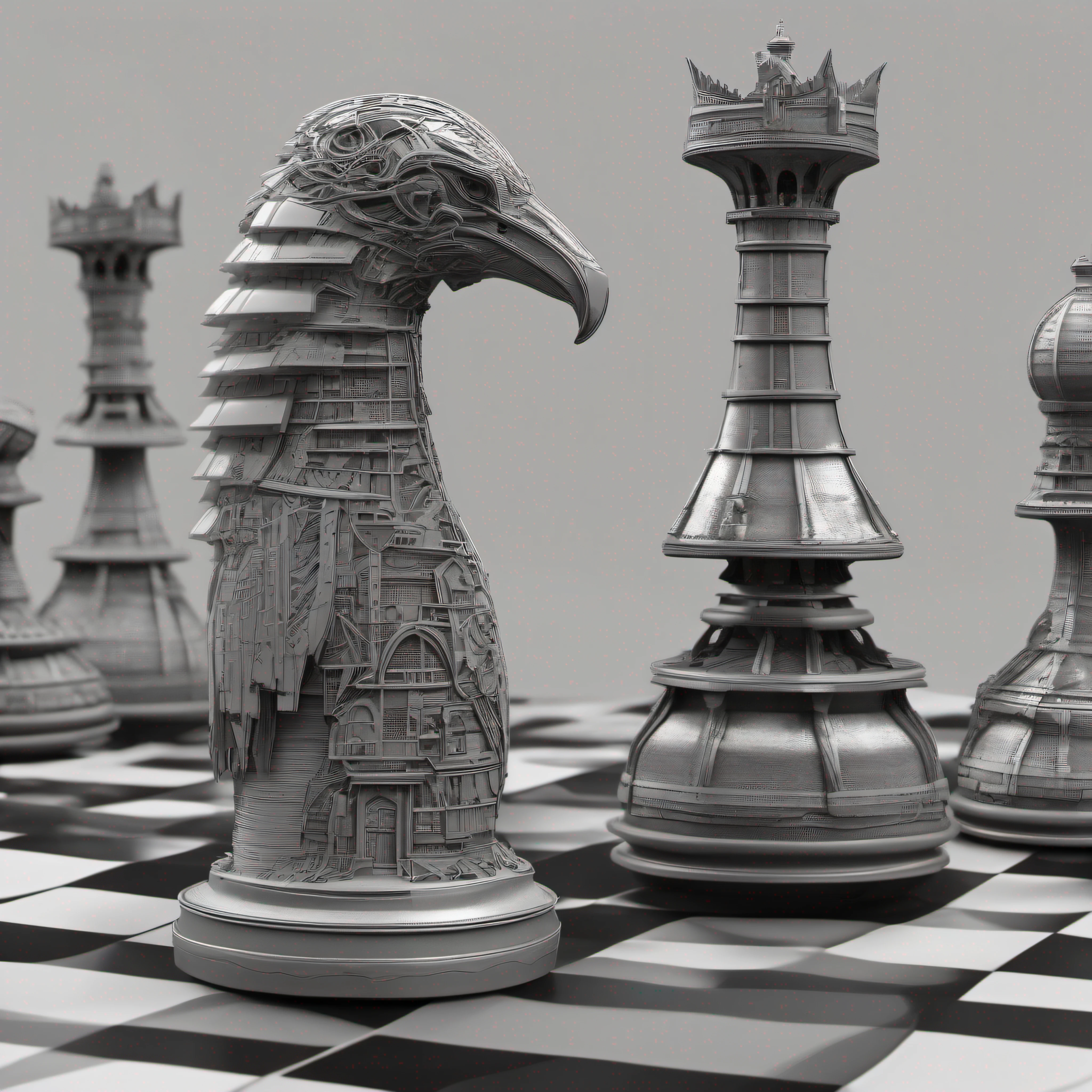 A magnificent (rook chess piece) stands before you, in the corner of a chessboard desert, but this is no ordinary game. The intricate details of its design reveal a wondrous and curious castle, inspired by the fantastical world of Miyazaki's "Howl's Moving Castle." As you gaze upon it, the castle seems to come alive with a mind of its own.