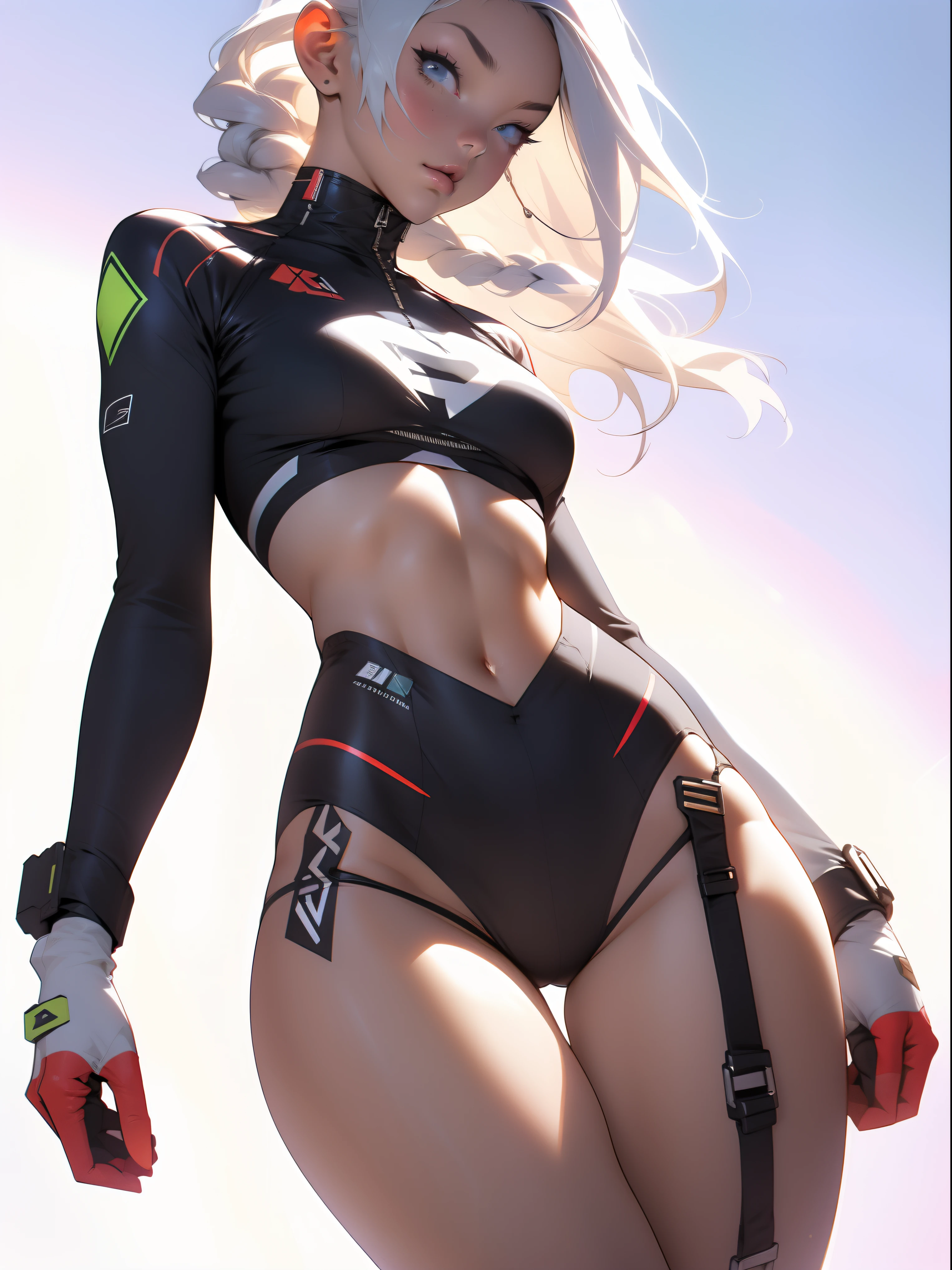 ((Best quality)), ((masterpiece)), (detailed: 1.4), (Absurd), War-ready female fighter pilot with military bikini, Marine, dark skin, defined sculpted body, full body, bare thighs, closed mouth, cyberpunk, semi naked, generous neckline, ((perfect medium breasts)), (super light blue eyes without pupils), (((military camouflage bikini)), (((white hair with braid)))), long eyelashes heavy makeup, garter belt, by mucha, niji --V5, close to real, psychopathic, perfect face, sexy pose, background with a giant head, 2 piece clothing, pastel, centered, scale to fit the dimensions, HDR (High Dynamic Range),Ray Tracing, NVIDIA RTX,Super-Resolution,Unreal 5,Subsurface Dispersion, PBR Texture, exposed belly, Post-processing, Anisotropic filtering, Depth of field, Maximum clarity and sharpness, Multilayer textures, Albedo and specular maps, Surface shading, Accurate simulation of light-material interaction, Perfect proportions, thigh gap, Octane Render, Two-tone lighting, Wide aperture, Low ISO, White balance, Rule of thirds, 8K RAW, bright crysisnanosuit bikini, thigh gap, nice hips, bikini panties, perfect legs, synthwave bikinis, bare arms