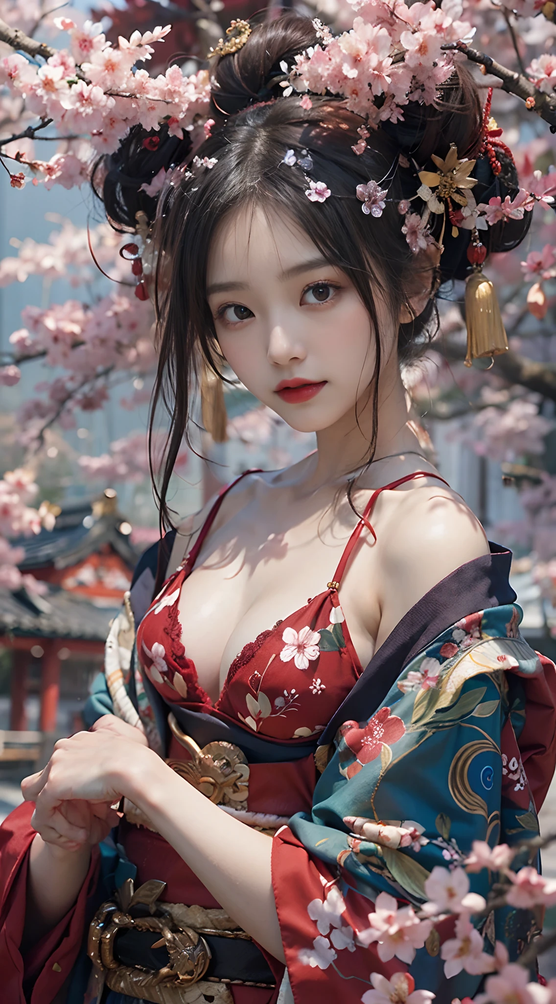 breasts looking ,Valley ,Chest exposed ,Skin is visible ,Natural Breast ,Clothes come off、off shoulders、Oiran Style、undergarment、bra very