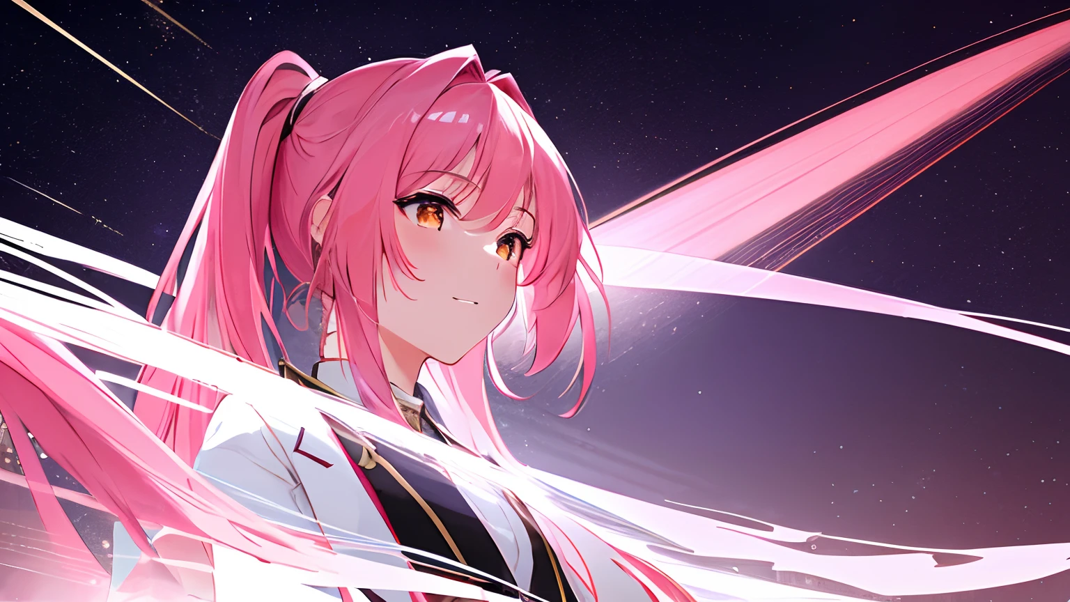 masterpiece, high quality, 8k, beautiful lighting, doga kobo, anime scene, profile, 1girl, fuxuan, pink hair, long hair with two pony tails, small to medium breast, golden eyes, white pharmacist coat, looking at viewer, space background, pink energy, glitching