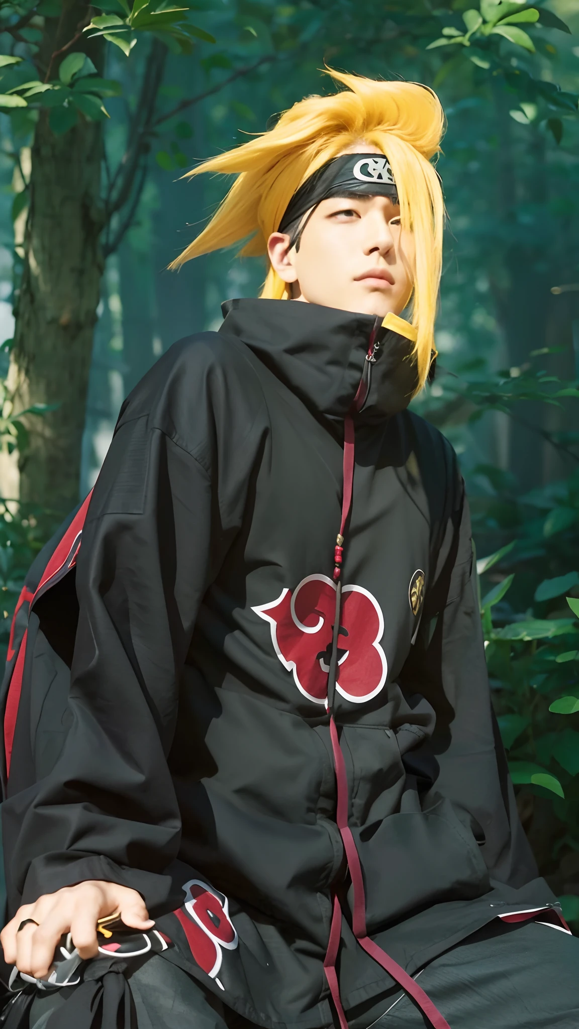Real life adaption of this character,adult handsome man, realistic same outfit with Akatsuki logo, realistic yellow hair, realistic same necklace, realistic headband, realistic light, realistic shadow, realism, hyper realistic,(photorealistic:1.2)