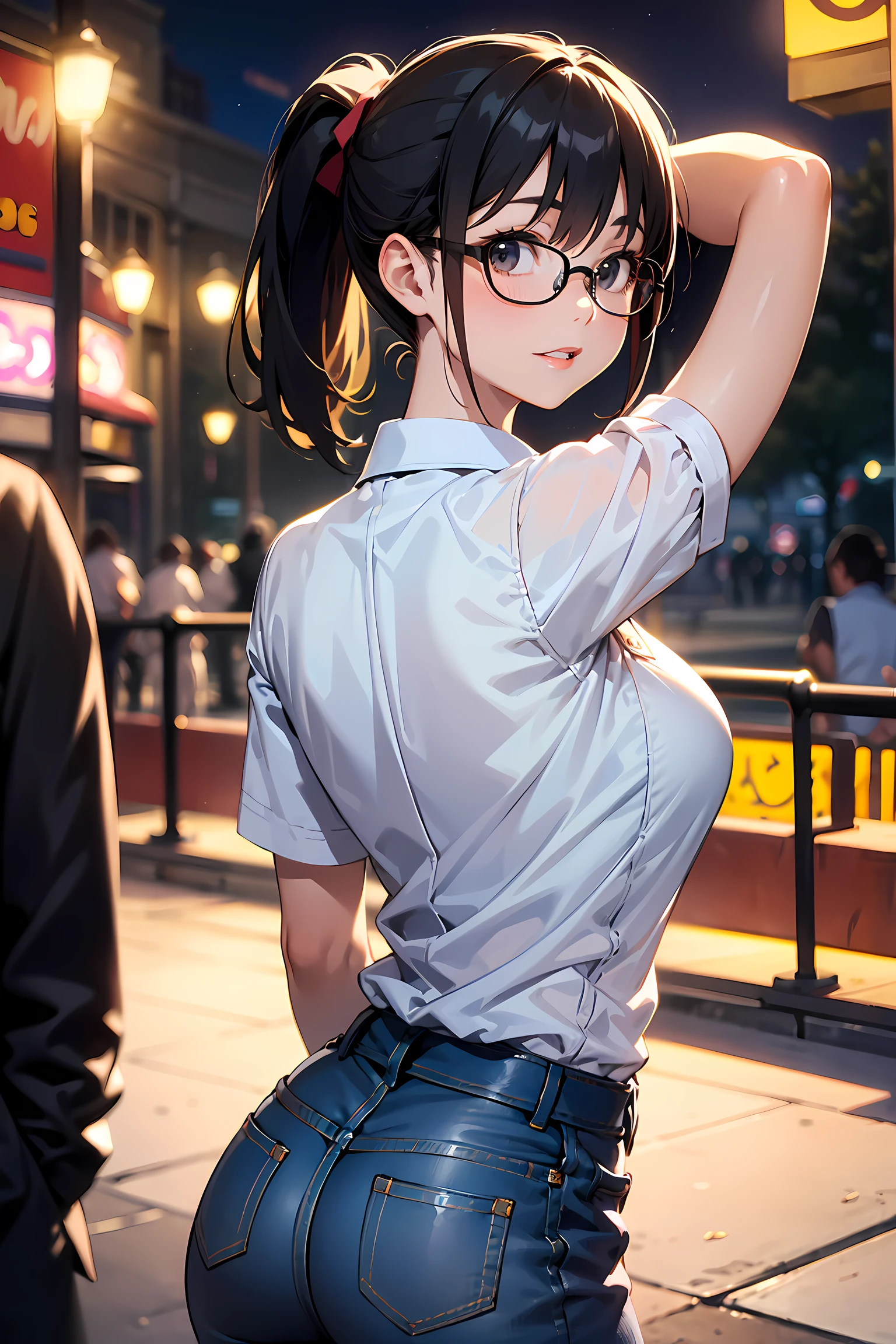 high resolution, Photo of a beautiful woman detailed_face, young handsome girl,realistic:0.5, perfect skin, (wearing a glasses:1.5), ((from behind:1.5)), (ultra-detailed background, detailed background), bokeh, make happy expressions, happy emotion, gorgeous,pure, beautyfull detailed face and eyes,breasts, (black eyes:1.1), (a extremely pretty and beautiful Japanese woman), (sexy girl), (professional attire:1.3), (22 years old: 1.1), BREAK, (lovely outfit:1.2), (detailed blue collared shirt:1.2), (skinny denim pants:1.2), (leather boots))), cleavage, beautiful detailed skin, (cute:1.2), (black hair), ((jpop idol)), (upper thigh:0.6), (depth of field),soft light, Lens Glow looking at viewer, (Drooping eyes:1.2), straight teeth,smile, floating hair, (black hair:1.2), brown eyes BREAK scene, cinematic, full colors, 4k, 8k, 16k, RAW photo, masterpiece, professionally color graded, professional photography, high school girl, hair up, , soft clean focus, realistic lighting and shading, (an extremely delicate and beautiful art)1.3, elegant,active angle,dynamism pose BREAK (ponytail:1.3), (shiny-black thin hair:1.2), bangs, dark brown eyes, beautiful eyes, princess eyes, (big eyes:1.3), bangs, wearing a glasses:1.3, Hair between eyes, short hair:1.3, (slender:1.1), (medium-breasts:0.95), (thin waist: 1.15), (detailed beautiful girl: 1.4), Parted lips, Red lips, full-make-up face, (shiny skin), ((Perfect Female Body)), (upper body image:1.3), Perfect Anatomy, Perfect Proportions, (most beautiful Korean actress face:1.3, extremely cute and beautiful Japanese actress face:1.3), ,(1glasses girl:1.3, solo), ,(blush:1.1), gray background, solo focus, (bust shot:1.2), cinematic light, (nostalgic night scene:1.4), (amusement park:1.4), (merry-go-round、the Ferris wheel、rollercoaster), (arms up behind back on head :1.4), (looking at viewer:1.2