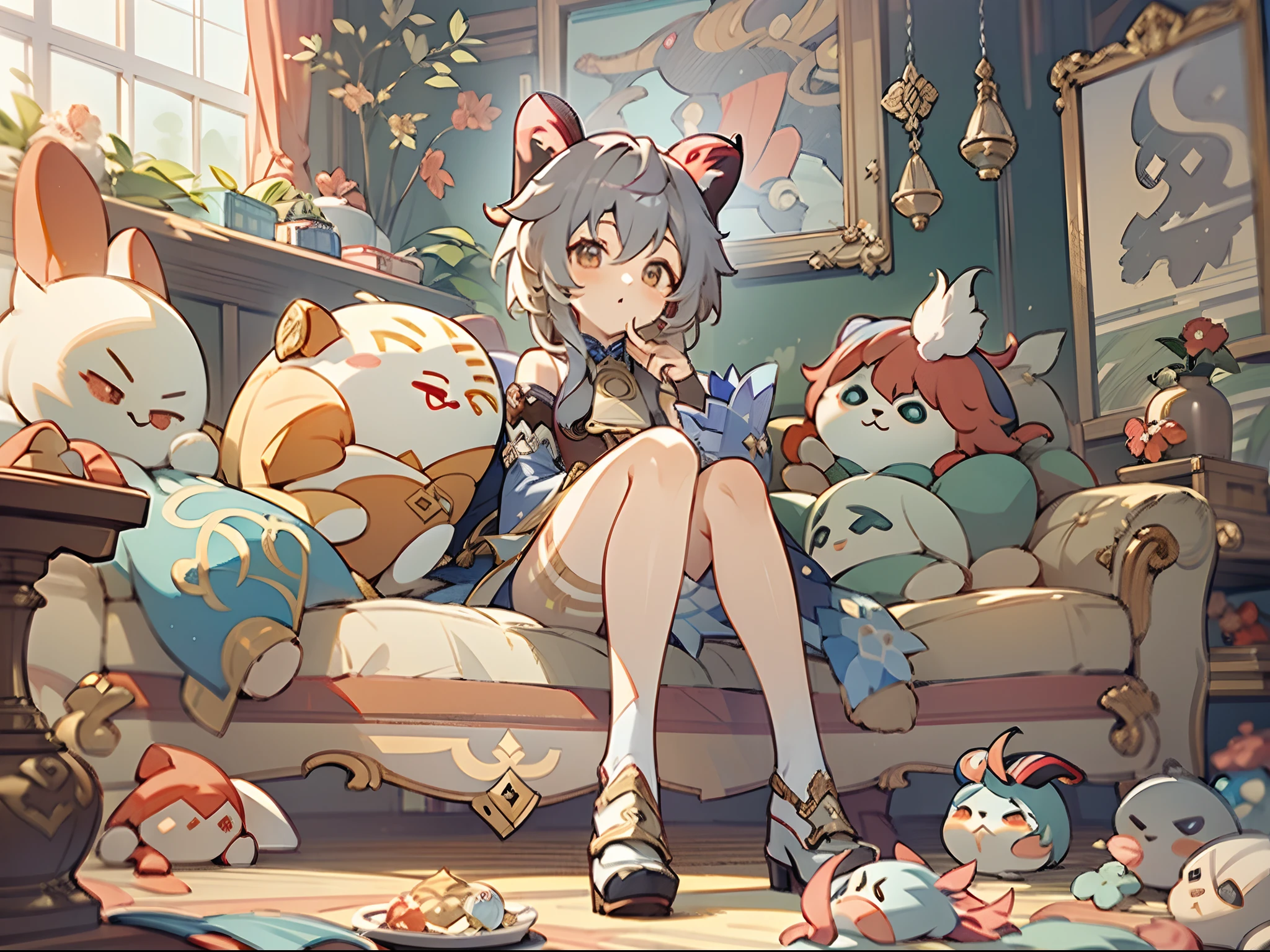 ((Genshin Impact)), Ganyu sitting in sofa with lots of plushies, well decorated room, beautiful and cute, HDR, UHD