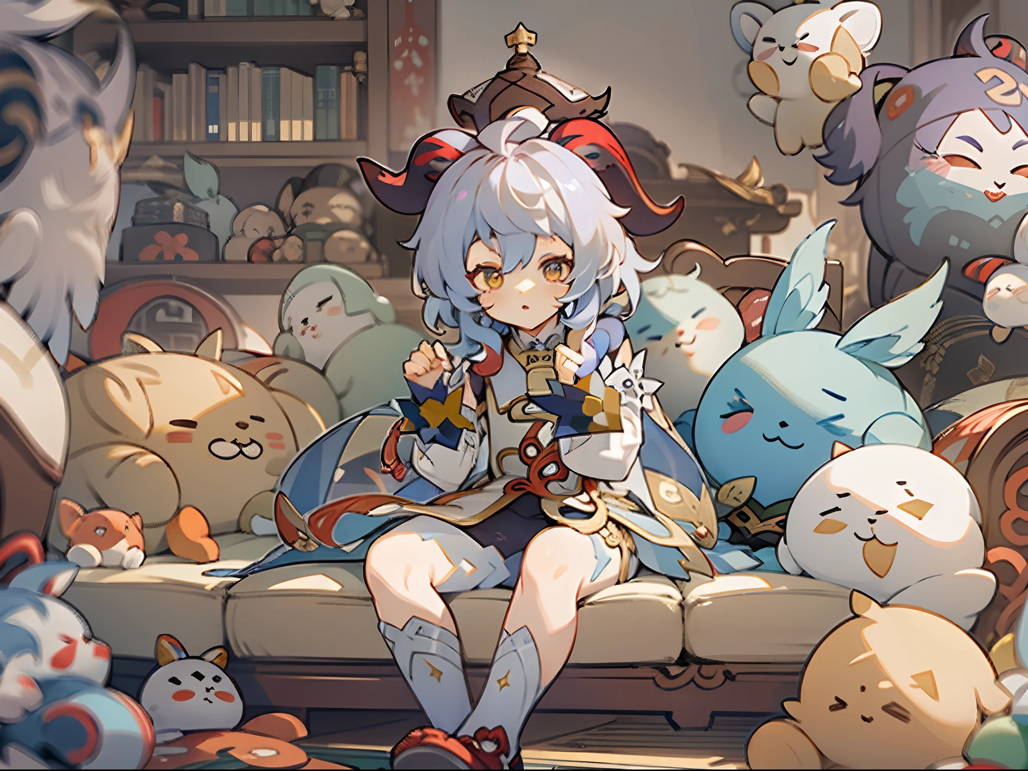 ((Genshin Impact)), Ganyu sitting in sofa with lots of plushies, well decorated room, beautiful and cute, HDR, UHD