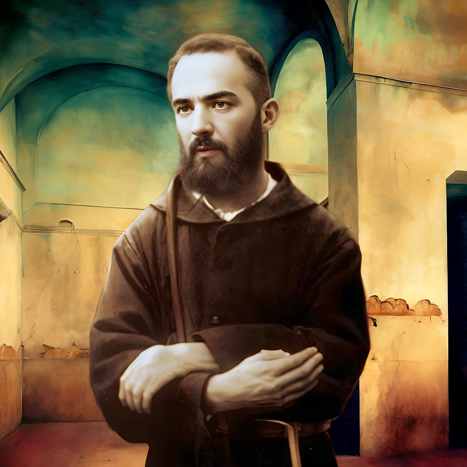 Fotografia de Padre Pio jovem com barba, Imagem realista em 1918, Colors of the Season, cinematografic, detalhes historicamente precisos, PAdre Pio, Estigmas, foto realista,1918