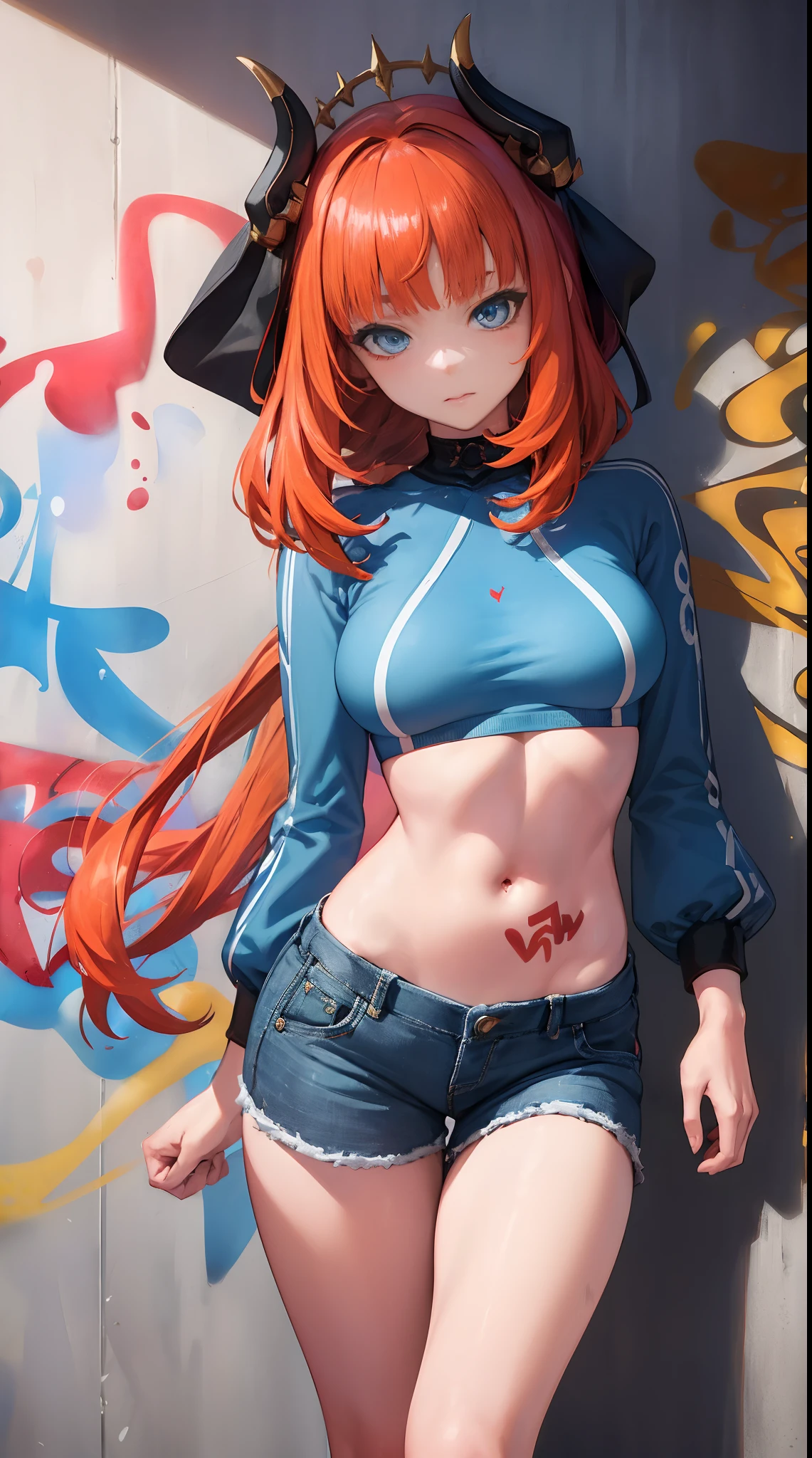 nile|genshin impact, master-piece, bestquality, 1girls,25 years old, proportional body, elongated legs, Beautiful, proportional., crop top, Long Jeans, mediuml breasts, ,bara, crop top, choker, (Graffiti:1.5), Splash with purple lightning pattern., arm behind back, against wall, View viewers from the front., Thigh strap, Head tilt, bored,(NSTDA.:1.2), (10, beste-Qualit, master-piece: 1.4), Beautiful red hair, ultra-high resolution, (lifelike, photorealistic portrait: 1.48), 20 age, Cute Girl, (Looking Through Crop Tops.), Famous Japanese actors, beautiful clear eyes, Head tilt, cowboy shot, from the front, looking at the audience, expressionless, Beautiful lake, Zeiss 150mm F/ 2.8 Hasselblad, Whole body, foot, Ultra-Wide Angle,