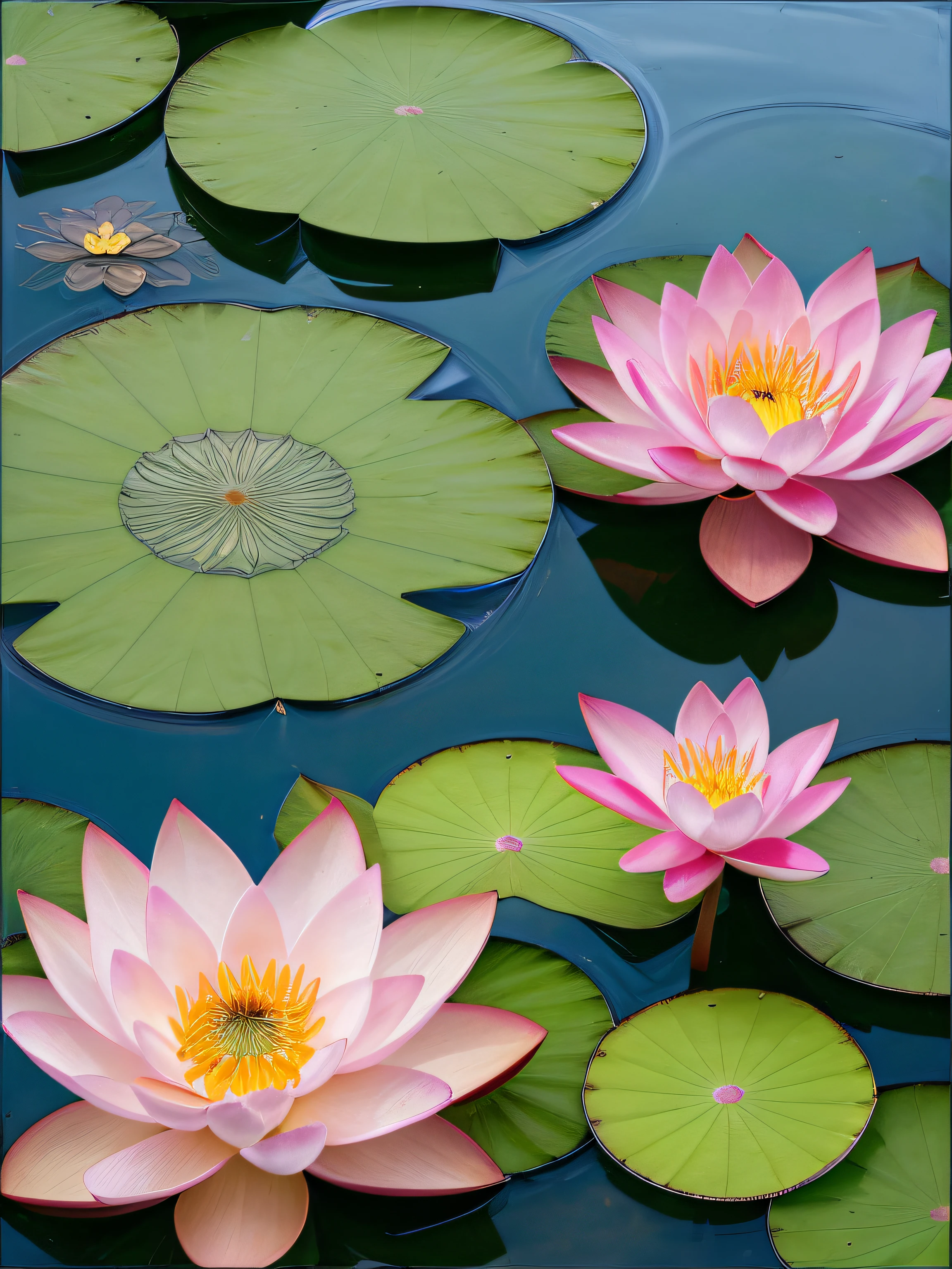 Realistic lotus flowers in a leafy pool, lotuses, lotuses, lotus flowers on the water, Lotus pond, lotus petals, water lilies, standing gracefully upon a lotus, water lily mat, serene colors, waterlily pond, with lotus flowers, water lily mat, details and vivid colors, Pink Lotus Queen, lillis, water lilies