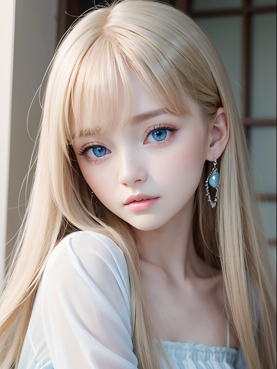 Extremely beautiful face、long bangs fluttering in front of the face、Beautiful pale light blue eyes hidden in the hair、Very cute beautiful face with very shiny skin、Pure white beautiful skin、very beautiful pale light blue eyes,,,,,,,,、Beautiful very long shiny silky pale golden shiny blonde hair、Cute very beautiful woman、Round face、a baby face、