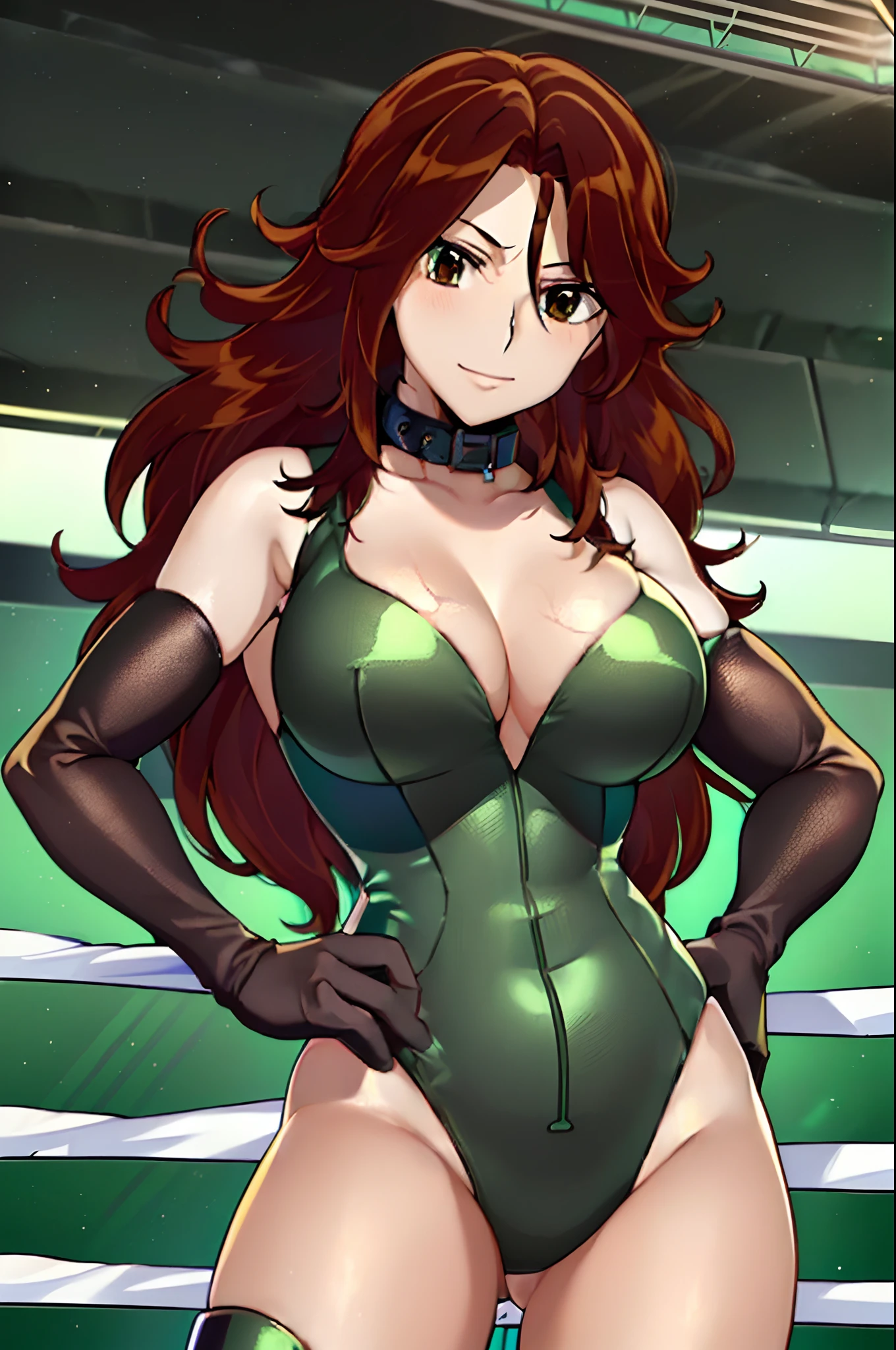 cowboy shot, anime style: 1.8, anime drawing, ultra detailed face, ultra detailed body, 4k, Sumergai Lee Noriega, (standing, hands on hips), best quality, anime style, hires, highest definition, digital blending, bold drawing lines, ((slender body, female wrestler), (location: wrestling arena, crowds watching), (slender body, broad shoulders), mature woman, ((black wrestling gear: cotton leotard, boots, gloves, collar band, black gear)), victorious, gorgeous, winner, smile, (pale skin, shiny skin), (big breasts), (big eyes, brown eyes), (warming up), (brown, long hair), 27 years old,