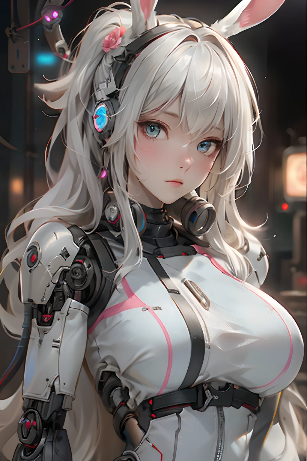 ((beste-Qualit)),Fille cyborg dans le style cyborg,cheveux gris,Coiffure longue queue de cheval,Wear headphones in the shape of rabbit ears and a gas mask,The gas mask has a green light on the surface,dressed in a white suit,There are long strips of pink light on clothes,yeux roses,(Gant noir)gros seins, generous breast, The left hand is a mechanical prosthesis,The main body is connected by wires and pipes, ((tmasterpiece)), (The detail:1.4), 3d, A beautiful cyberpunk female image,Hdr(HighDynamicRange),Ray Tracing,NVIDIA RTX,Super-Resolution,Unreal 5,Diffusion souterraine、PBR Texture、Post-traitement、Anisotropy filtering、profondeur de champs、Maximum definition and sharpness、Textures multicanaux、Albedo e mapas Speculares、Coloration de surface、precise simulation of light-material interactions、Proportions parfaites、Rendu octane、two-color light、Grande ouverture、ISO faible、Balance des blancs、the rule of thirds、8K RAW、