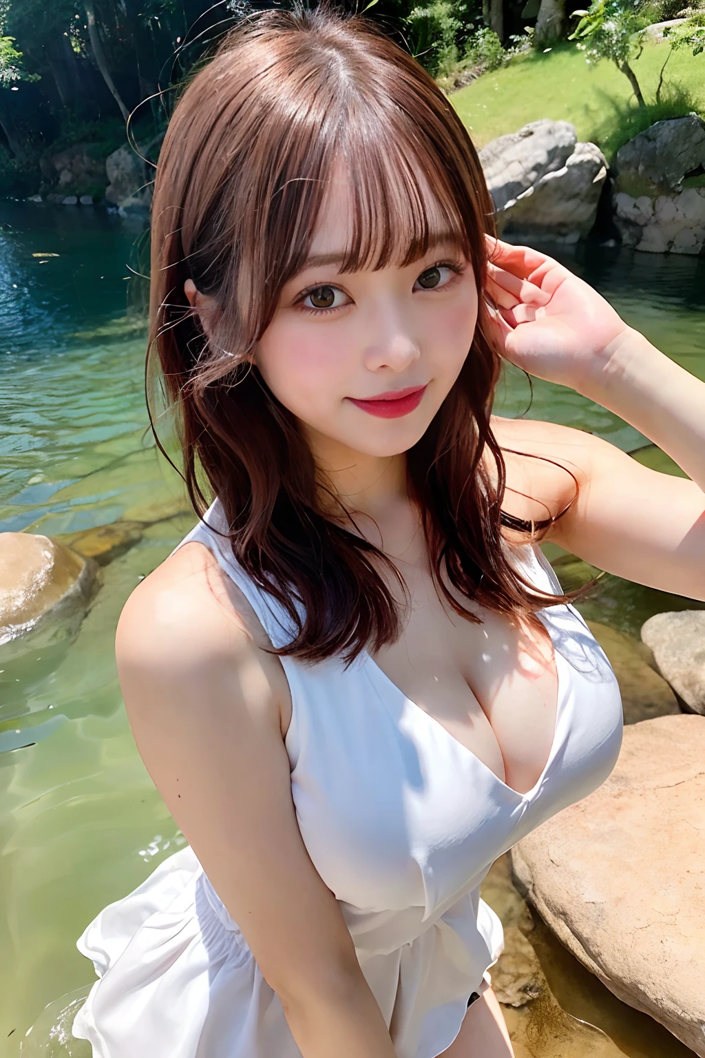 Japan Solo Idol,Pretty girl,A smile that makes the viewer happy,Light brown and orange two-tone shorthair,Floating hair,Unkempt hair,Red cheeks,red lipsticks,(Sunlight,In the deep mountains,Rock,Snowmelt,Crystal clear water,Beautiful clear stream,)Bend over to play in the water.snow-white summer dress with big swaying breasts,(The whole body is soaking wet,Soaking wet costumes ,wetting hair,Wet face,a wet body,Wet and glowing skin,), (masutepiece,top-quality,Ultra-high resolution output image,)