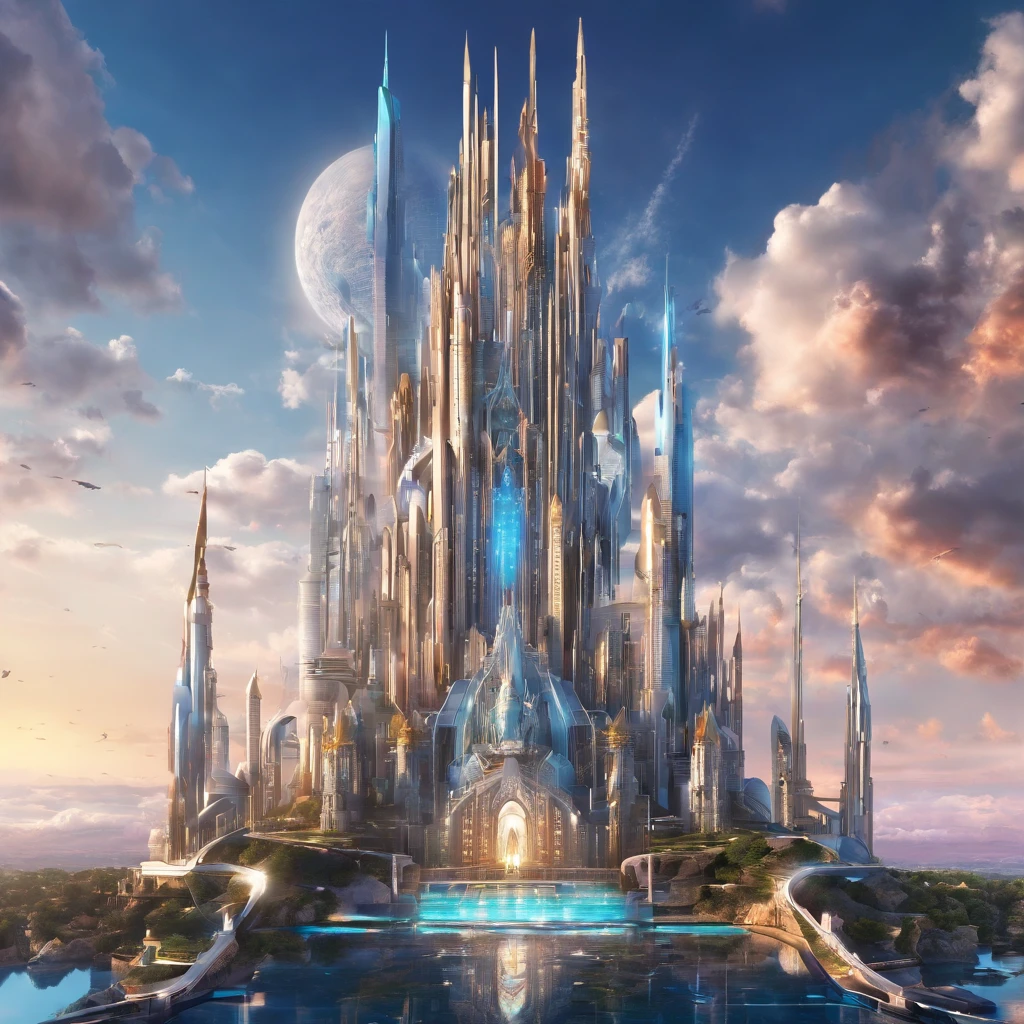(Best quality,A high resolution,Masterpiece:1.2),Ultra-detailed,(Realistic:1.37),((Huge castles float in the sky)),((Equipped with an extraordinary propulsion system)),(Metallic texture),Vibrant colors,scifi aesthetic,intense perspective,Modern miracle,forward-thinking,Technological progress
