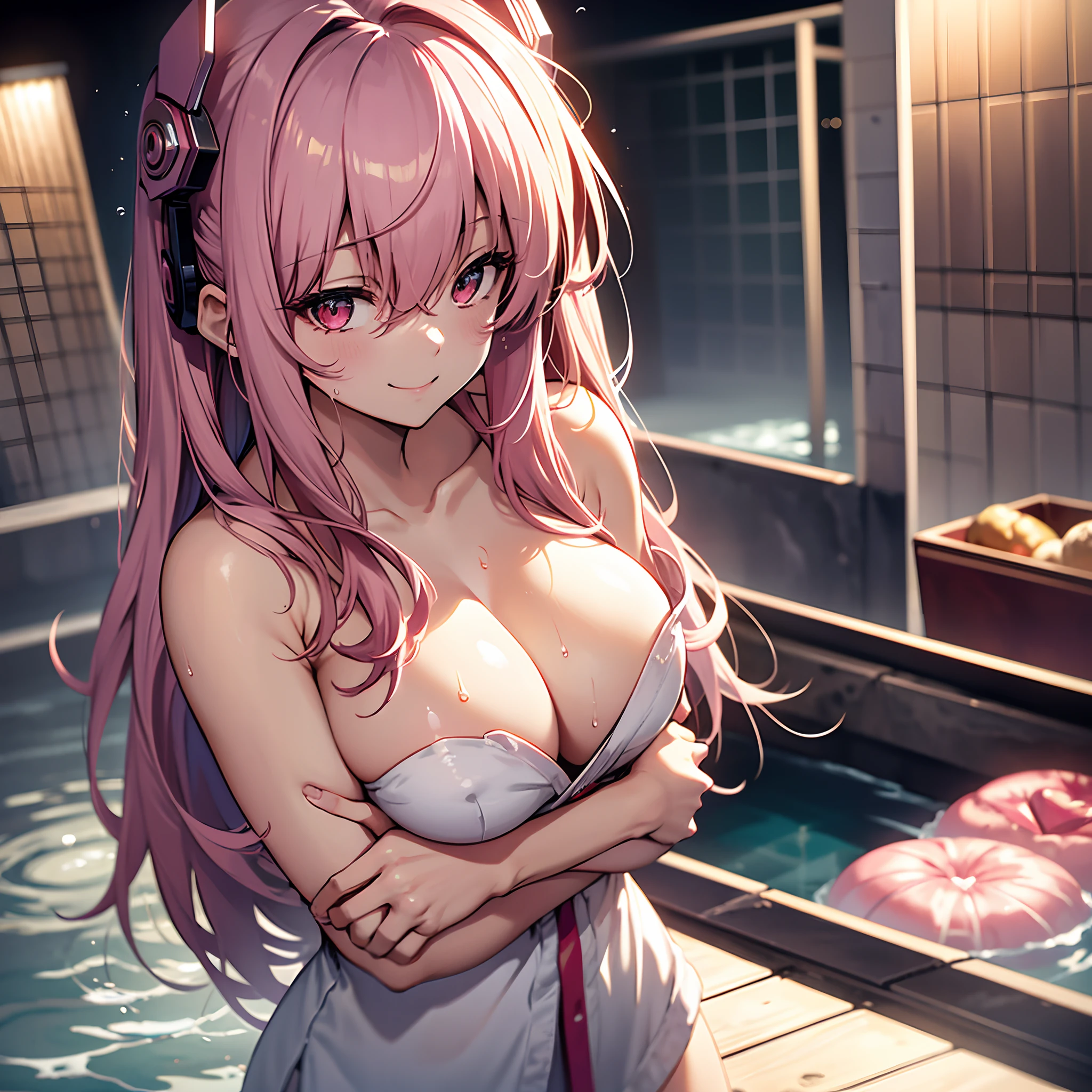 Beautuful Women, bath room, deep in the night, full bodyesbian, fullnude, Put a bath towel over your shoulders.,, Dark red eyes, pop out, Grabbing your chest with your arms, Hide the nipples with your palms ,  A big smile, No underwear, Pink hair,, super sonico, Straight Long Hair, Big ass very big, Heart-shaped pupil, drenched in sweat, Strong backlighting, red tide, squatt, Begging, soaked, Looking at the camera, Composition looking down from above