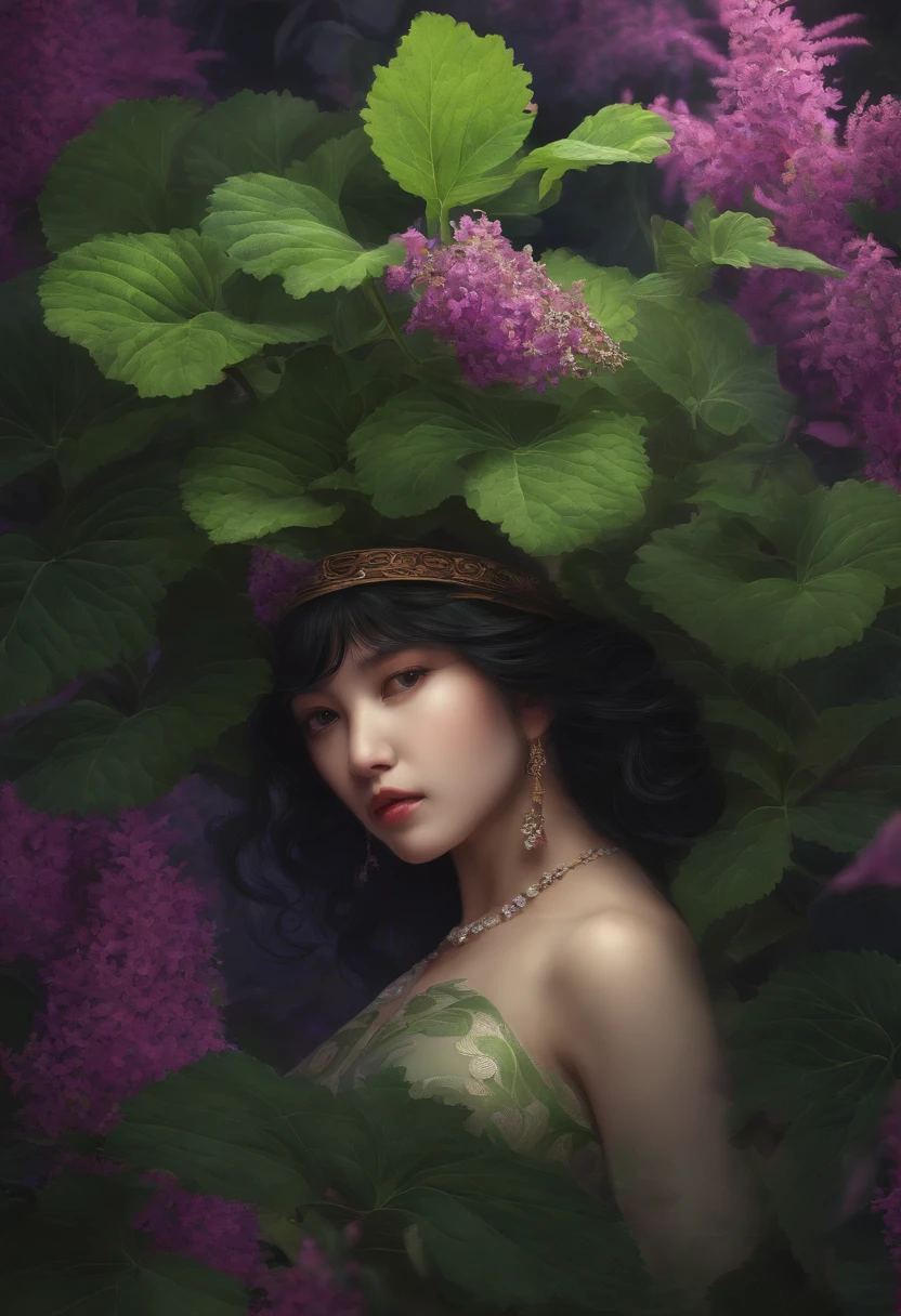 Patchouli plant, Chiaroscuro, projected inset, Ni Chuanjing illustration style