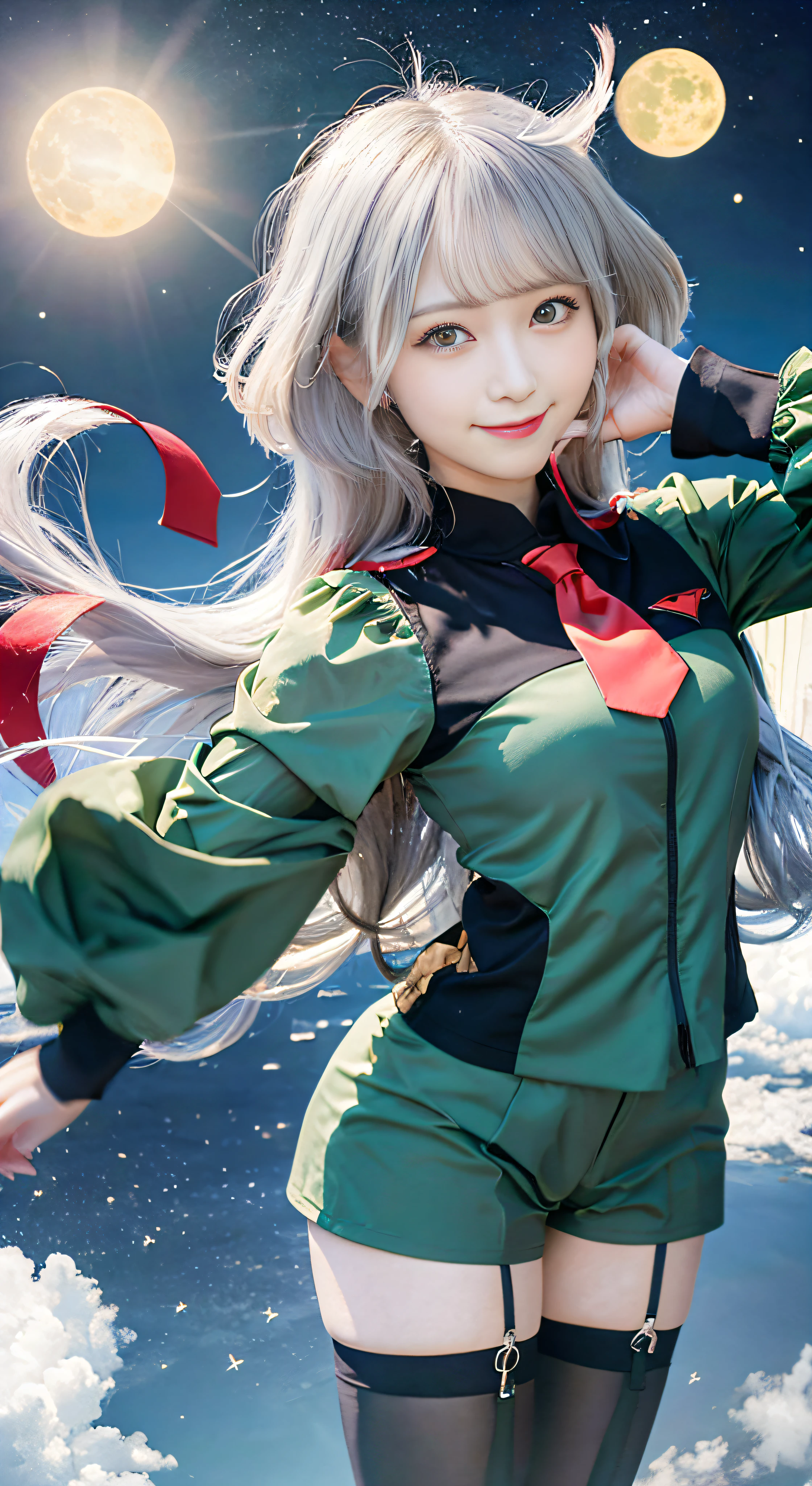 masterpiece、top-quality、Hi-Res、Myolin 1、Myolin Remblanc、Asticasia School Uniform、独奏、length hair、grey eyes、white hair、Ahoge、Legwear with seams、Green shorts、neck tie、bangss、hairs between eyes、Black pantyhose、long-sleeve、Green jacket、Floating hair、red necktie、mideum breasts、The upper part of the body、A smile。clouds、suns、(normal hands:1.4)