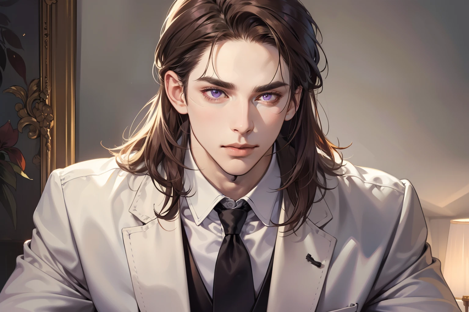 Masterpiece, Best Quality, Realistic, 1male, mature male, A quiet and charming young man, 25 years, serious look, extremely detailed face, ((dark purple eyes)), ((Long dark brown hair)), [thick eyebrows],  ((Head of the MFII)), Cinematic lighting, looking at the audience, Cigarette in hand, Dark formal suit