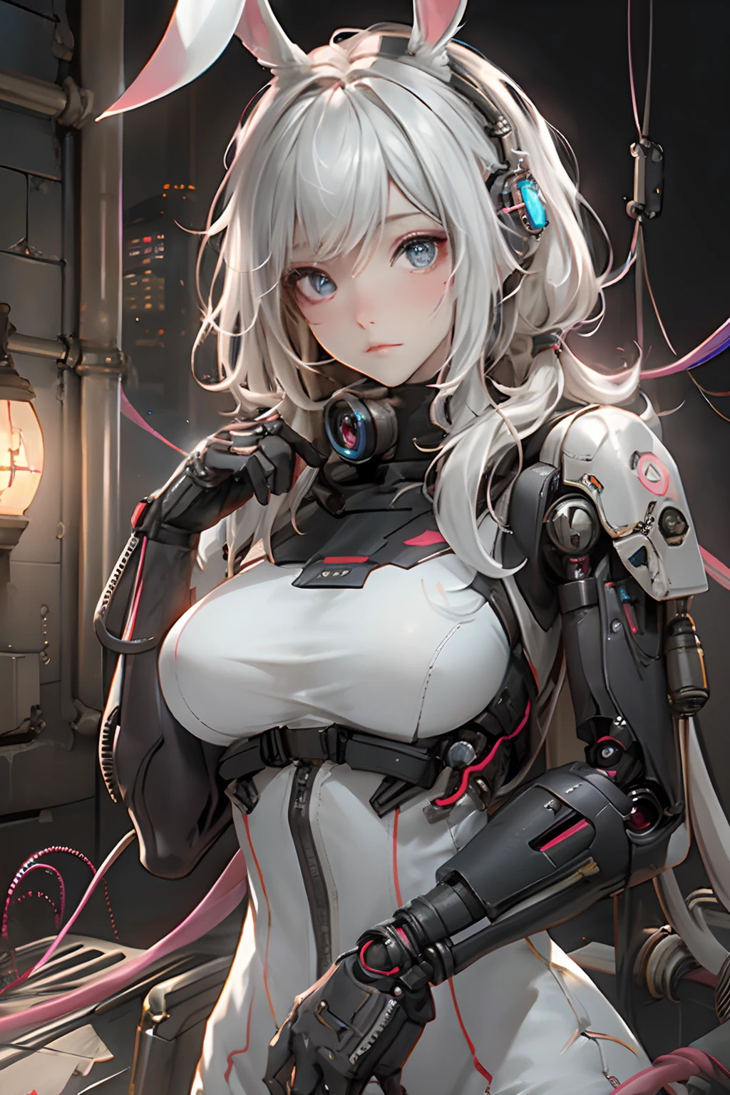 ((beste-Qualit)),Fille cyborg dans le style cyborg,cheveux gris,Coiffure longue queue de cheval,Wear headphones in the shape of rabbit ears and a gas mask,The gas mask has a green light on the surface,dressed in a white suit,There are long strips of pink light on clothes,yeux roses,(Gant noir)gros seins, generous breast, The left hand is a mechanical prosthesis,The main body is connected by wires and pipes, ((tmasterpiece)), (The detail:1.4), 3d, A beautiful cyberpunk female image,Hdr(HighDynamicRange),Ray Tracing,NVIDIA RTX,Super-Resolution,Unreal 5,Diffusion souterraine、PBR Texture、Post-traitement、Anisotropy filtering、profondeur de champs、Maximum definition and sharpness、Textures multicanaux、Albedo e mapas Speculares、Coloration de surface、precise simulation of light-material interactions、Proportions parfaites、Rendu octane、two-color light、Grande ouverture、ISO faible、Balance des blancs、the rule of thirds、8K RAW、