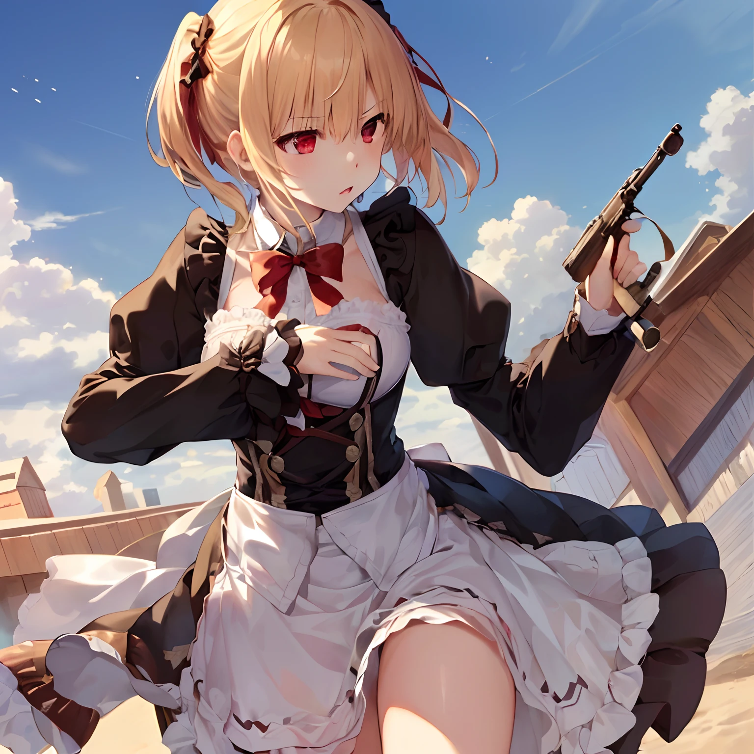 (masterpiece}, {hight resolution}, {Good anatomy}, (top-quality), (extremely delicate and beautiful), (8k cg wallpaper), (illustratio), 1 girl in, a blond, short-hair, maid clothes, red eyes, Aim at prey with a hunting rifle, Serious eyes, Close one eye, Peeking into the scope