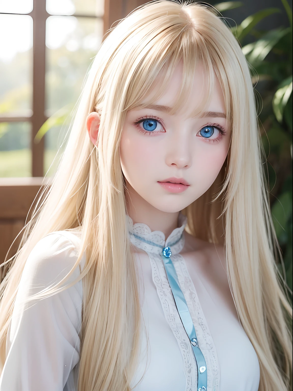 Extremely beautiful face、long bangs fluttering in front of the face、Beautiful pale light blue eyes hidden in the hair、Very cute beautiful face with very shiny skin、Pure white beautiful skin、very beautiful pale light blue eyes,,,,,,,,,、Beautiful very long shiny silky pale golden shiny blonde hair、Cute very beautiful woman、Round face、