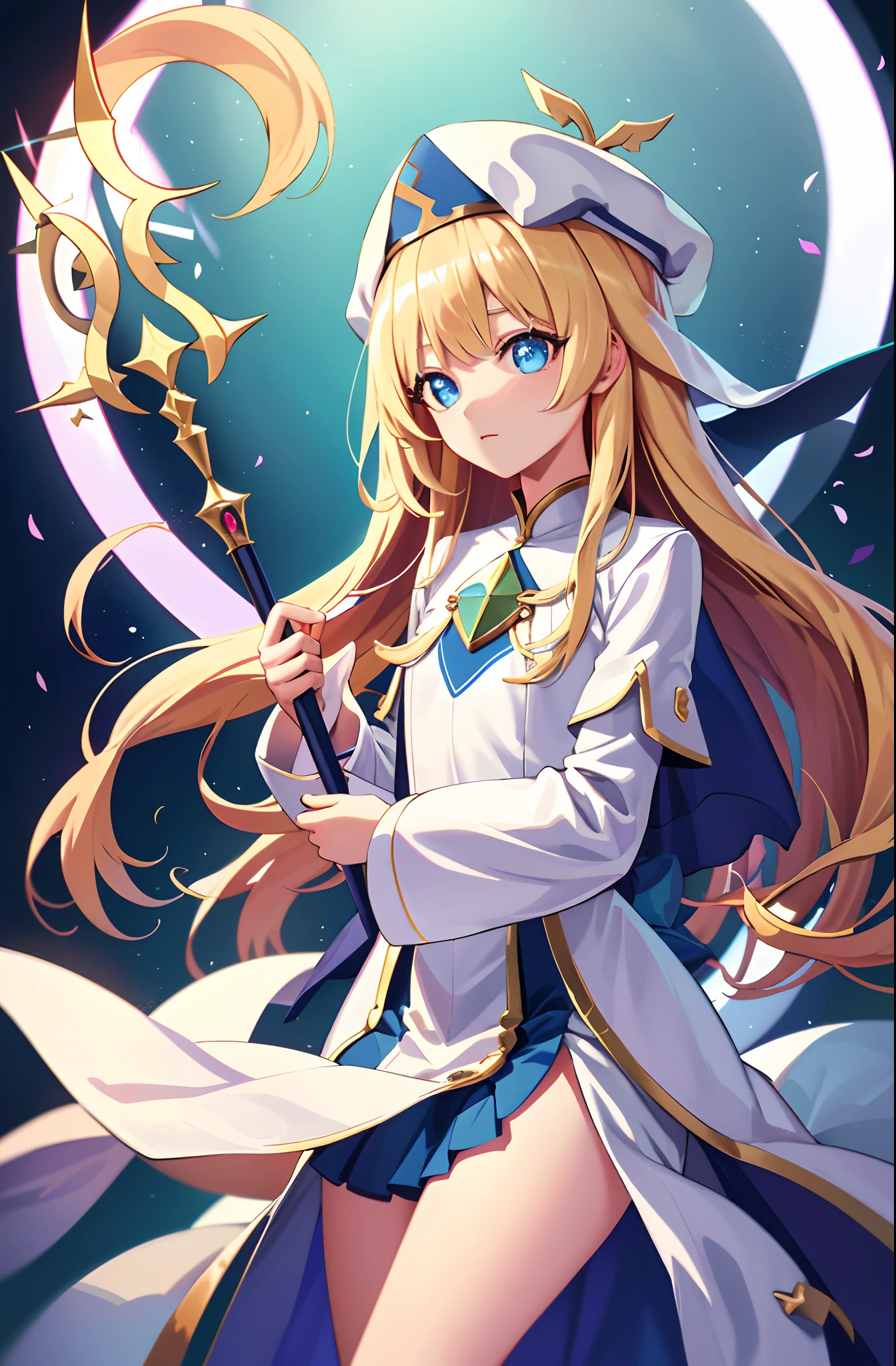 Kawaii Girl, Full body view、Realistic portrayal, (Best Quality,8ＫImagen,High resolution:1.2),Intricately detailed,[3D images:1.35] priestess, Blonde hair, Blue eyes, Long hair, hat, (tiny chest:1.2), BREAK looking at viewer,Blake City,white robes(Queen Watt in hand、Sacred Staff)、 (masutepiece:1.2), Best Quality, High resolution, Unity 8k壁纸, (Illustration:0.8), (Beautiful detailed eyes:1.6), extra detailed face, Perfect Lighting, extremely details CG, (Perfect hands, Perfect Anatomy),extremely details CG、perfect detailed、very delicate light、Fine and detailed eyes and detailed face Beautiful detailed eyes、(Detailed body)、A detailed face、(colourfull)、beautiful detailed hair
