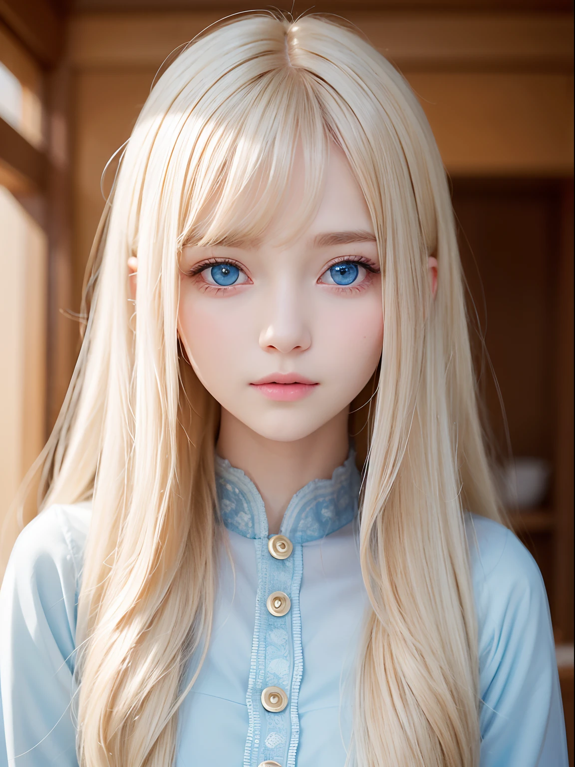 Extremely beautiful face、long bangs fluttering in front of the face、Beautiful pale light blue eyes hidden in the hair、Very cute beautiful face with very shiny skin、Pure white beautiful skin、very beautiful pale light blue eyes,,,,,,,,,、Beautiful very long shiny silky pale golden shiny blonde hair、Cute very beautiful woman、Round face、