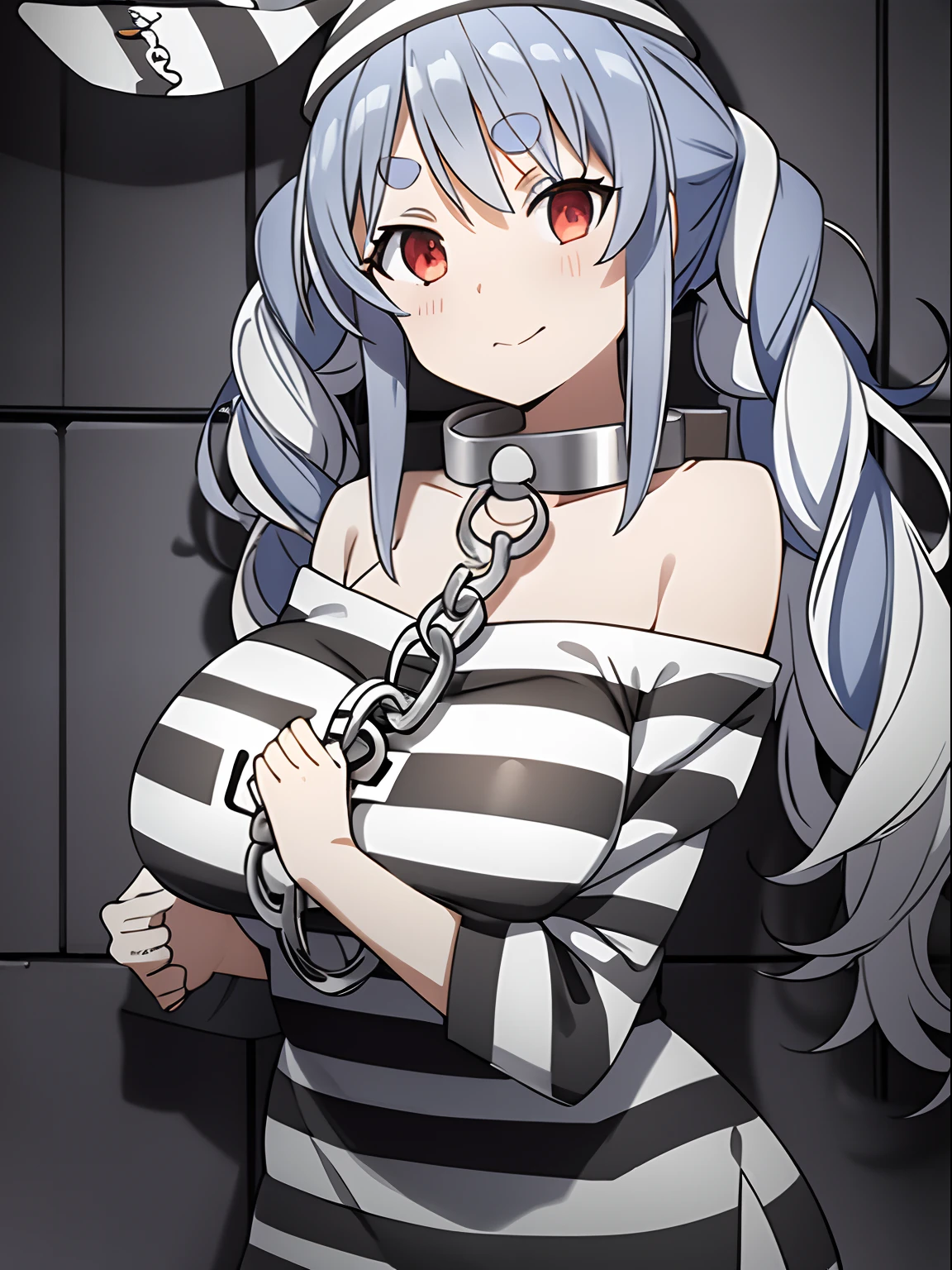 Mugshot, looking at viewer, behind bars, huge breast, prisoner, striped Prison jumpsuit, black & white stripes, handcuffs, chained, restrainged, shackles, dominated, stripes white & black, jail cell, cagged