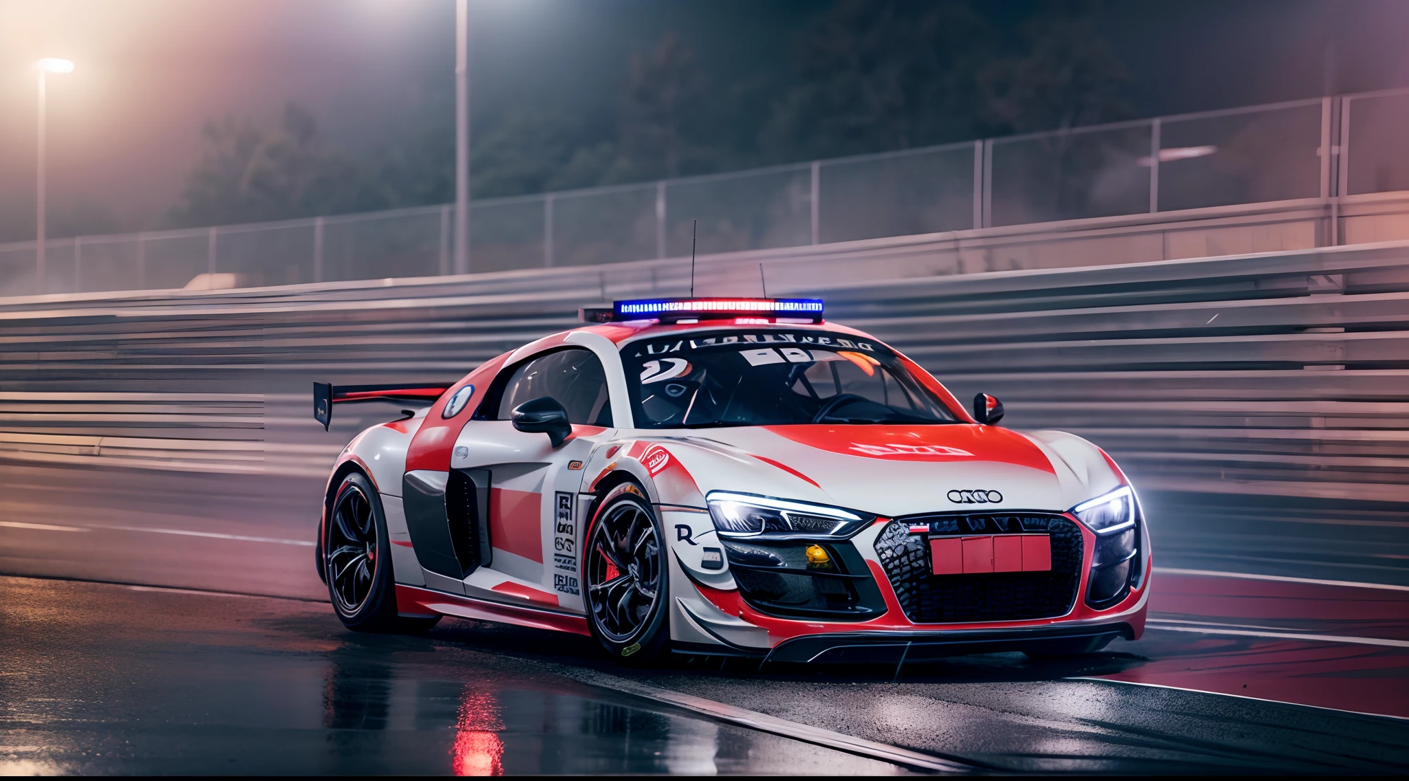arafed image of a (,AUDI R8 safety car:1.4), (8k, RAW photo, best quality, masterpiece:1.2), (realistic, photo-realistic:1.37), (full body:1.3) (detailed), (highres), ultra realistic, hyperrealistic, high detail RAW color photo of (,AUDI R8 safety car:1.4), high angle shot front view ferrari hypercar driving on a race track, stormy weather, (wet:1.2), (water dust:1.2), 8k uhd, high quality, motion blur, depth blur, cinematic, filmic image 4k, vibrant color, (reflections),(ferrari) race car,(race car:1.4),(endurance race car:1.4),at night, lights, High Detail, Sharp focus, (photorealism), realistic, best quality, 8k, award winning, dramatic lighting, epic, cinematic, masterpiece, rim light, ambient fog:1.3, dutch angle, depth of field,8k uhd, high quality, motion blur, depth blur, cinematic, filmic image 4k, vibrant color, (reflections),spoiler, GT3 race car, WEC endurance cars,rollcage,sponsors,livery, sponsored livery,lights turned on,motion blur,closeup,commercial photography,AUDI R8 safety car,wheels motion blur,