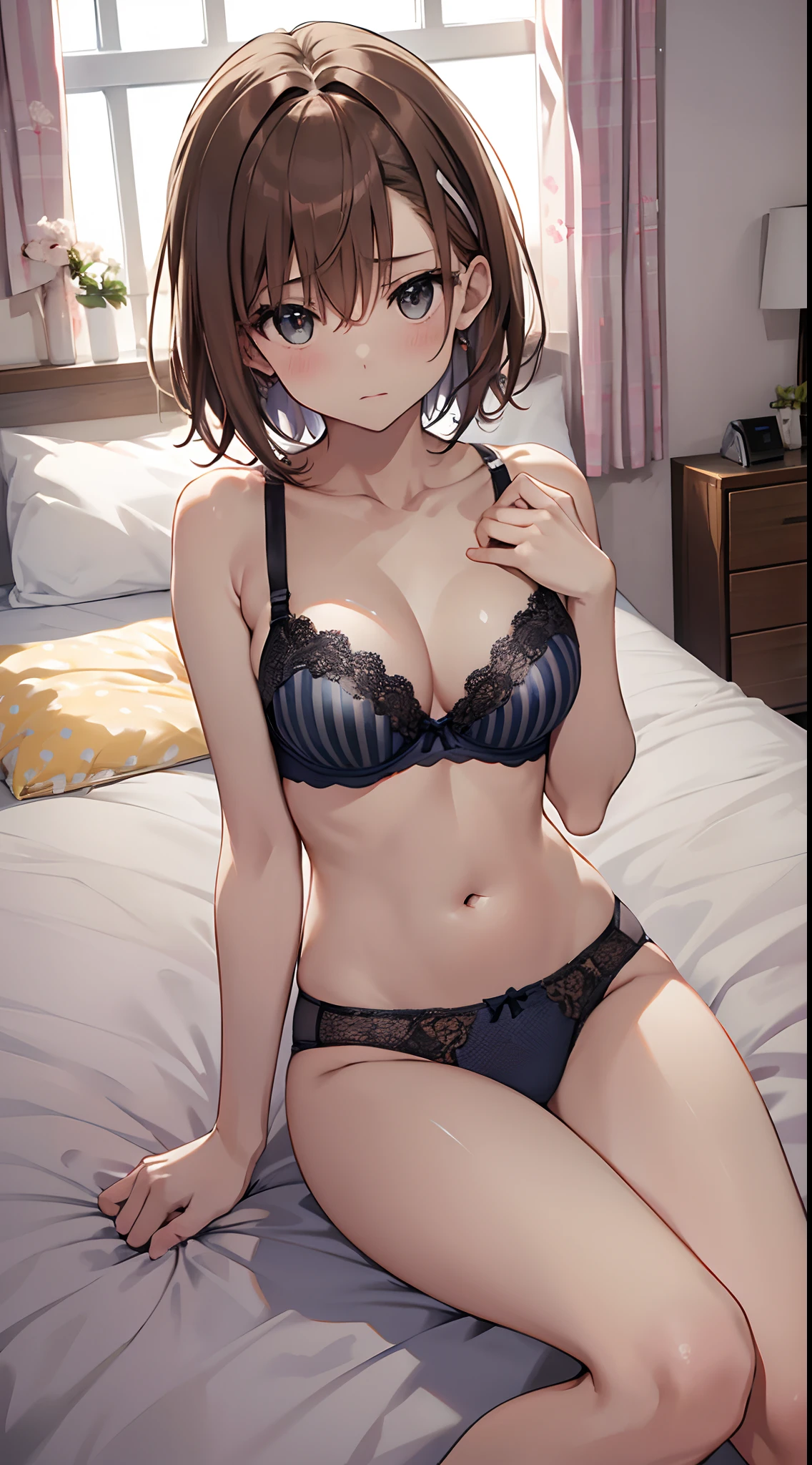 NSFW ４ｋqulity, top-quality, Misaka_mikoto, Brown-eyed, Short_hair, Ultra-small_Breast,）Slender in a hotel bed　　１６age　sexypose　Bewitching　Break white bra for heavy sweating、Pink bra、Blue bra、Green bra、Greybra、Light grey bra、 Striped bra、Polka Dot Bra、Plaid bra、Cute bra、Kids Bra、Sportsbra、Camisole、Cotton panties