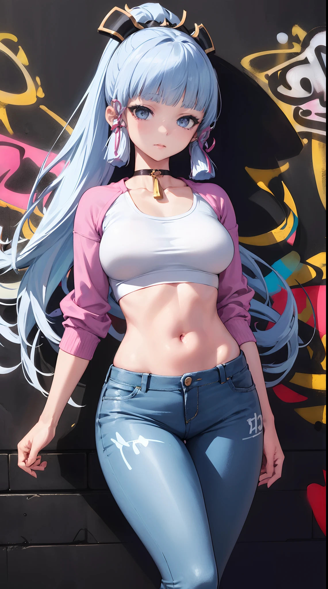 kamisato ayaka|genshin impact, master-piece, bestquality, 1girls,25 years old, proportional body, elongated legs, Beautiful, proportional., crop top, Long Jeans, mediuml breasts, ,bara, crop top, choker, (Graffiti:1.5), Splash with purple lightning pattern., arm behind back, against wall, View viewers from the front., Thigh strap, Head tilt, bored,(NSTDA.:1.2), (10, beste-Qualit, master-piece: 1.4), Beautiful red hair, ultra-high resolution, (lifelike, photorealistic portrait: 1.48), 20 age, Cute Girl, (Looking Through Crop Tops.), Famous Japanese actors, beautiful clear eyes, Head tilt, cowboy shot, from the front, looking at the audience, expressionless, Beautiful lake, Zeiss 150mm F/ 2.8 Hasselblad, Whole body, foot, Ultra-Wide Angle,