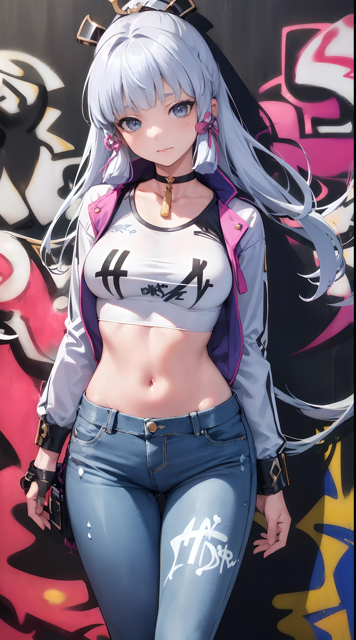 kamisato ayaka|genshin impact, master-piece, bestquality, 1girls,25 years old, proportional body, elongated legs, Beautiful, proportional., crop top, Long Jeans, mediuml breasts, ,bara, crop top, choker, (Graffiti:1.5), Splash with purple lightning pattern., arm behind back, against wall, View viewers from the front., Thigh strap, Head tilt, bored,(NSTDA.:1.2), (10, beste-Qualit, master-piece: 1.4), Beautiful red hair, ultra-high resolution, (lifelike, photorealistic portrait: 1.48), 20 age, Cute Girl, (Looking Through Crop Tops.), Famous Japanese actors, beautiful clear eyes, Head tilt, cowboy shot, from the front, looking at the audience, expressionless, Beautiful lake, Zeiss 150mm F/ 2.8 Hasselblad, Whole body, foot, Ultra-Wide Angle,