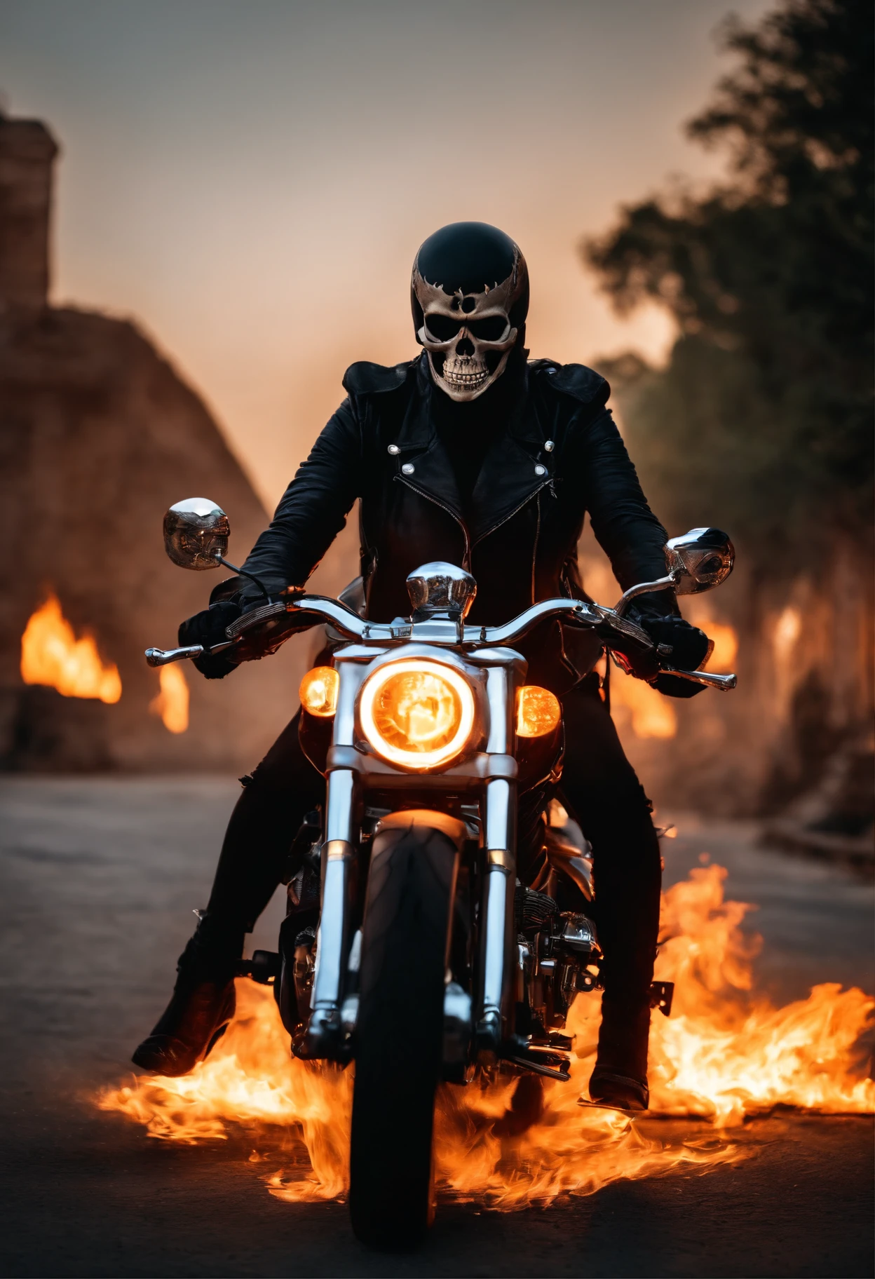 Ghost Rider，Ride a skeleton motorcycle，The skull was in flames，{An extremely delicate and beautiful Chinese girl}, 8K wallpaper, {{{Masterpiece}}}