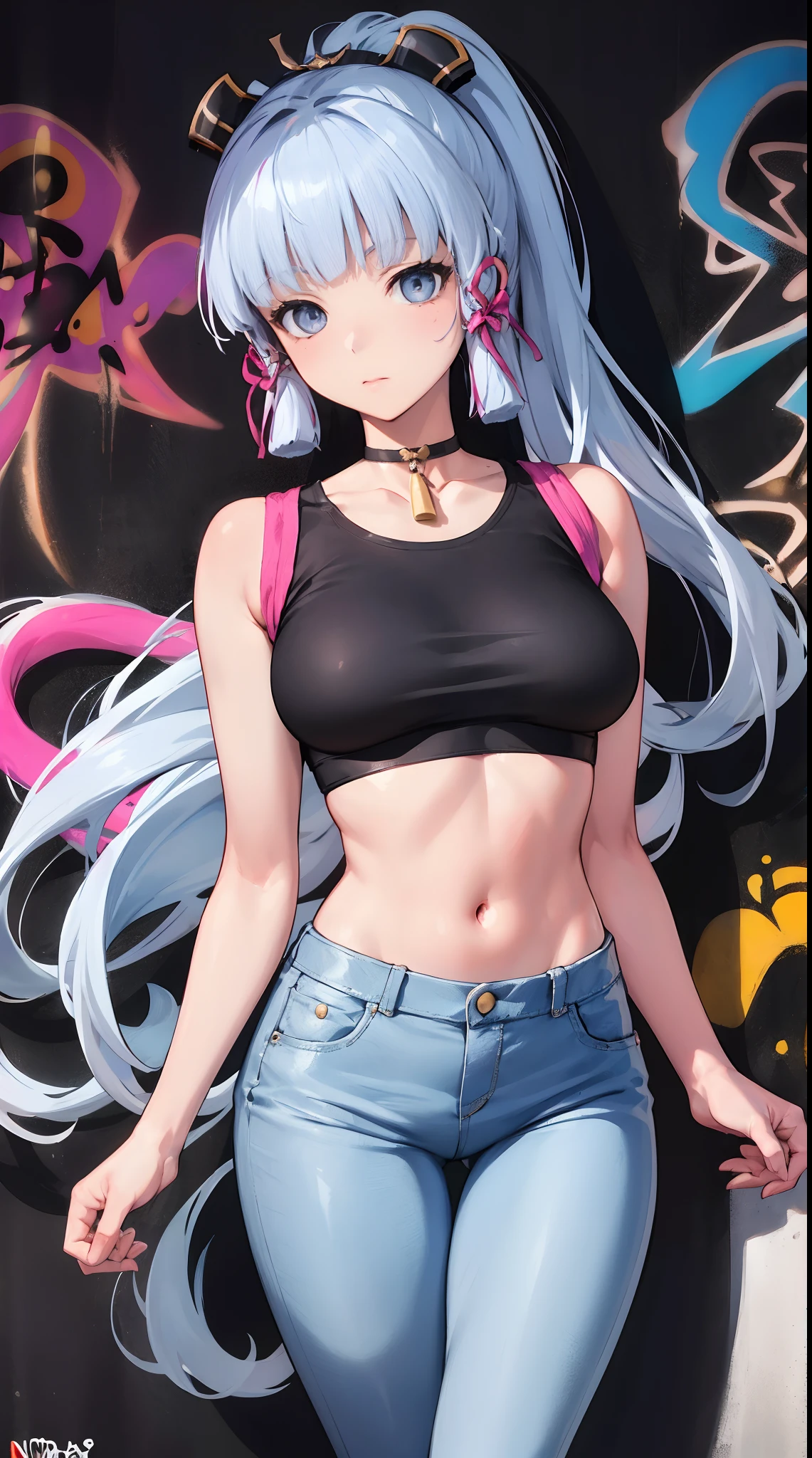 kamisato ayaka|genshin impact, master-piece, bestquality, 1girls,25 years old, proportional body, elongated legs, Beautiful, proportional., crop top, Long Jeans, mediuml breasts, ,bara, crop top, choker, (Graffiti:1.5), Splash with purple lightning pattern., arm behind back, against wall, View viewers from the front., Thigh strap, Head tilt, bored,(NSTDA.:1.2), (10, beste-Qualit, master-piece: 1.4), Beautiful red hair, ultra-high resolution, (lifelike, photorealistic portrait: 1.48), 20 age, Cute Girl, (Looking Through Crop Tops.), Famous Japanese actors, beautiful clear eyes, Head tilt, cowboy shot, from the front, looking at the audience, expressionless, Beautiful lake, Zeiss 150mm F/ 2.8 Hasselblad, Whole body, foot, Ultra-Wide Angle,