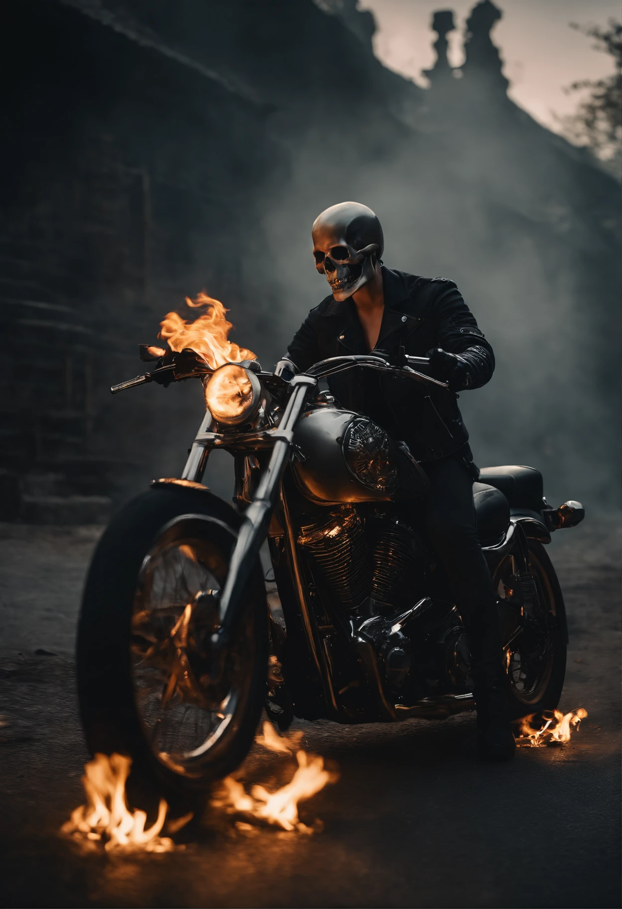 Ghost Rider，Ride a skeleton motorcycle，The skull was in flames，{An extremely delicate and beautiful Chinese girl}, 8K wallpaper, {{{Masterpiece}}}