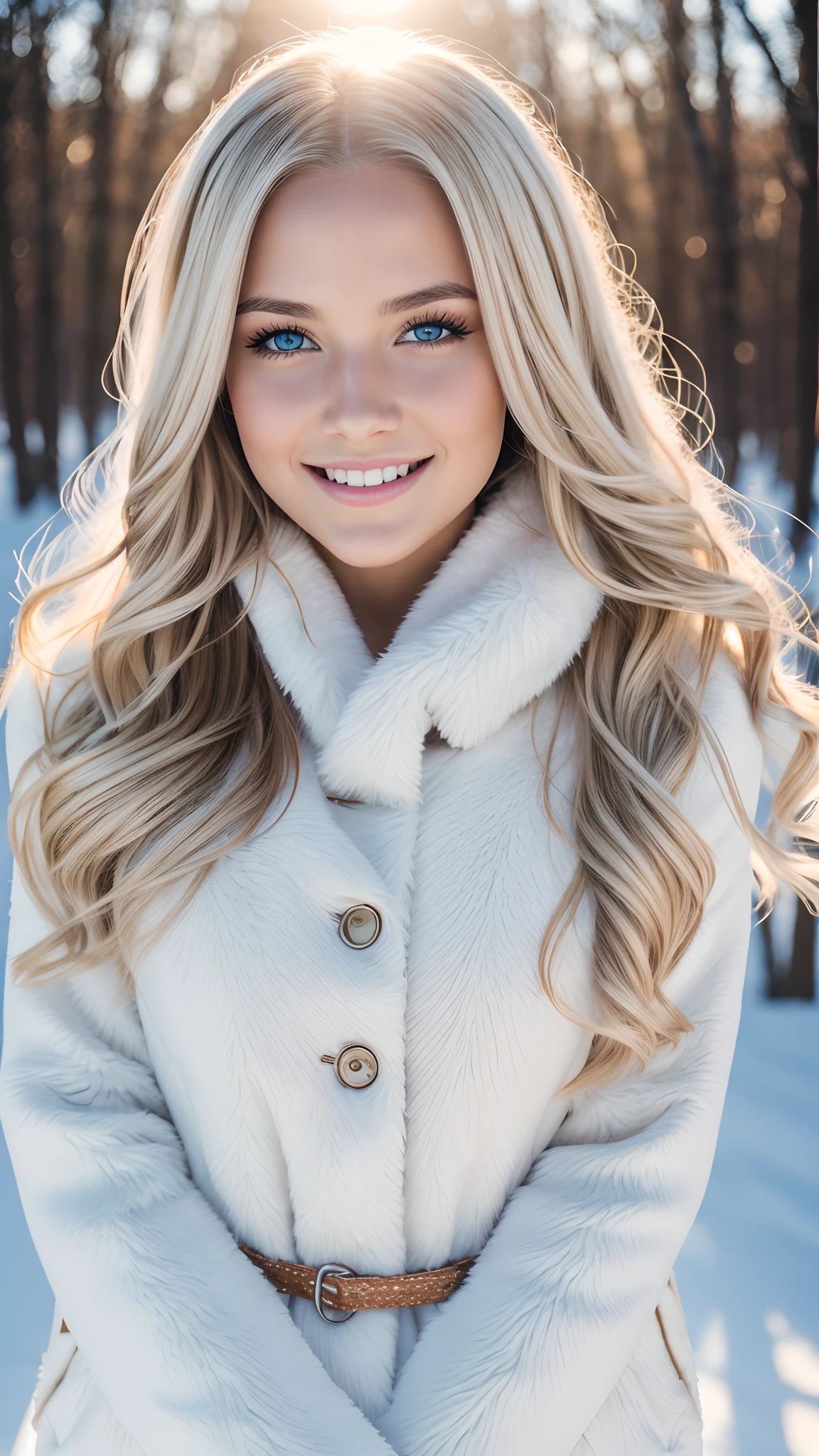 Hyper realistic and detailed full body photo of one young smiling blonde beautiful woman. Winter. Sun is shining. perfect eyes, (Eye makeup:1.1), (highly detailed skin:1.1), RAW, analog style, sharp focus, 8k UHD, DSLR, high quality, Fujifilm XT3, grain, award winning, masterpiece.