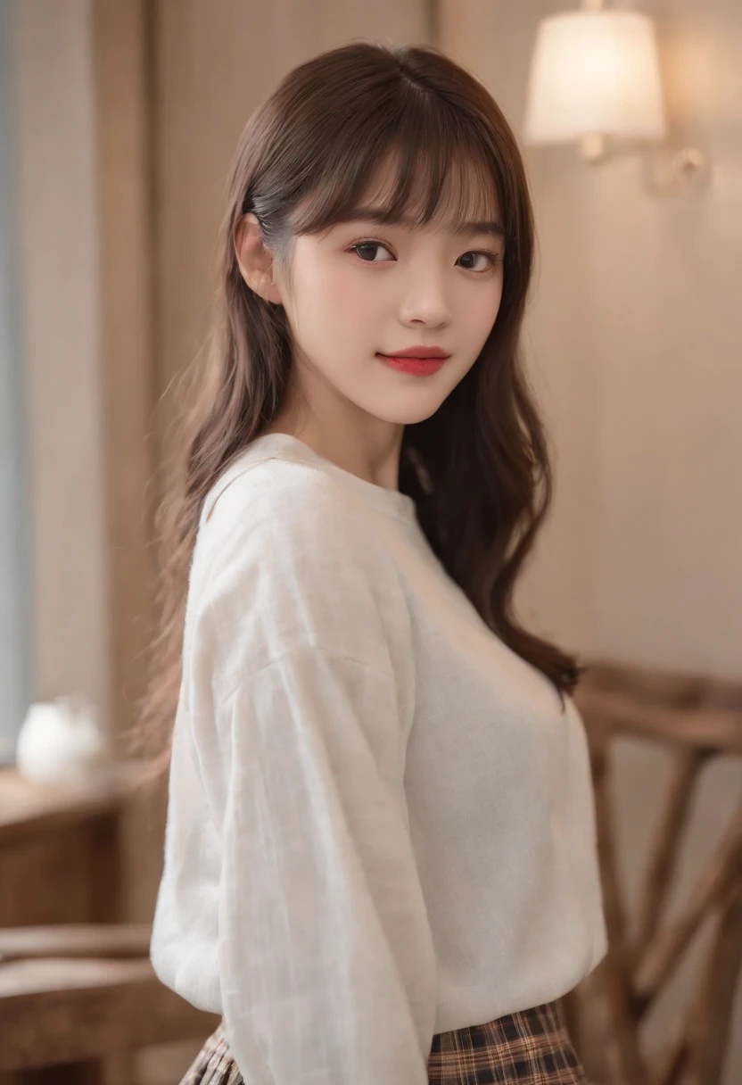 top-quality, Photorealsitic, masterpiece, 8K, Hi-Res, 独奏, 1girl, (((infp young woman))),sixteen years old、full bodyesbian、(small tits), ((Look at viewers)), (look at a camera), ((Various hairstyles close to long))、Perfect straight black hair、((With bangs))、 (profetional lighting), Highly detailed bright face、Gentle Japan girl、Nice smiling face、Red T-shirt(long-sleeve)、Checked pleated skirt、Standing in the room
