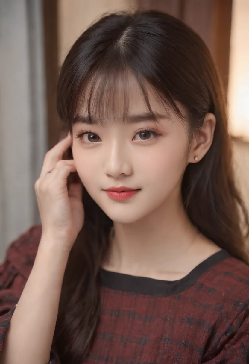 top-quality, Photorealsitic, masterpiece, 8K, Hi-Res, 独奏, 1girl, (((infp young woman))),sixteen years old、full bodyesbian、(small tits), ((Look at viewers)), (look at a camera), ((Various hairstyles close to long))、Perfect straight black hair、((With bangs))、 (profetional lighting), Highly detailed bright face、Gentle Japan girl、Nice smiling face、Red T-shirt(long-sleeve)、Checked pleated skirt、Standing in the room