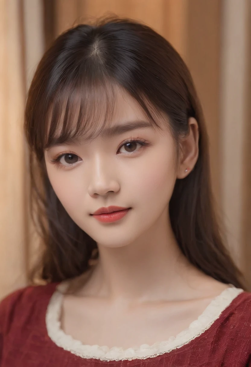 top-quality, Photorealsitic, masterpiece, 8K, Hi-Res, 独奏, 1girl, (((infp young woman))),sixteen years old、full bodyesbian、(small tits), ((Look at viewers)), (look at a camera), ((Various hairstyles close to long))、Perfect straight black hair、((With bangs))、 (profetional lighting), Highly detailed bright face、Gentle Japan girl、Nice smiling face、Red T-shirt(long-sleeve)、Checked pleated skirt、Standing in the room