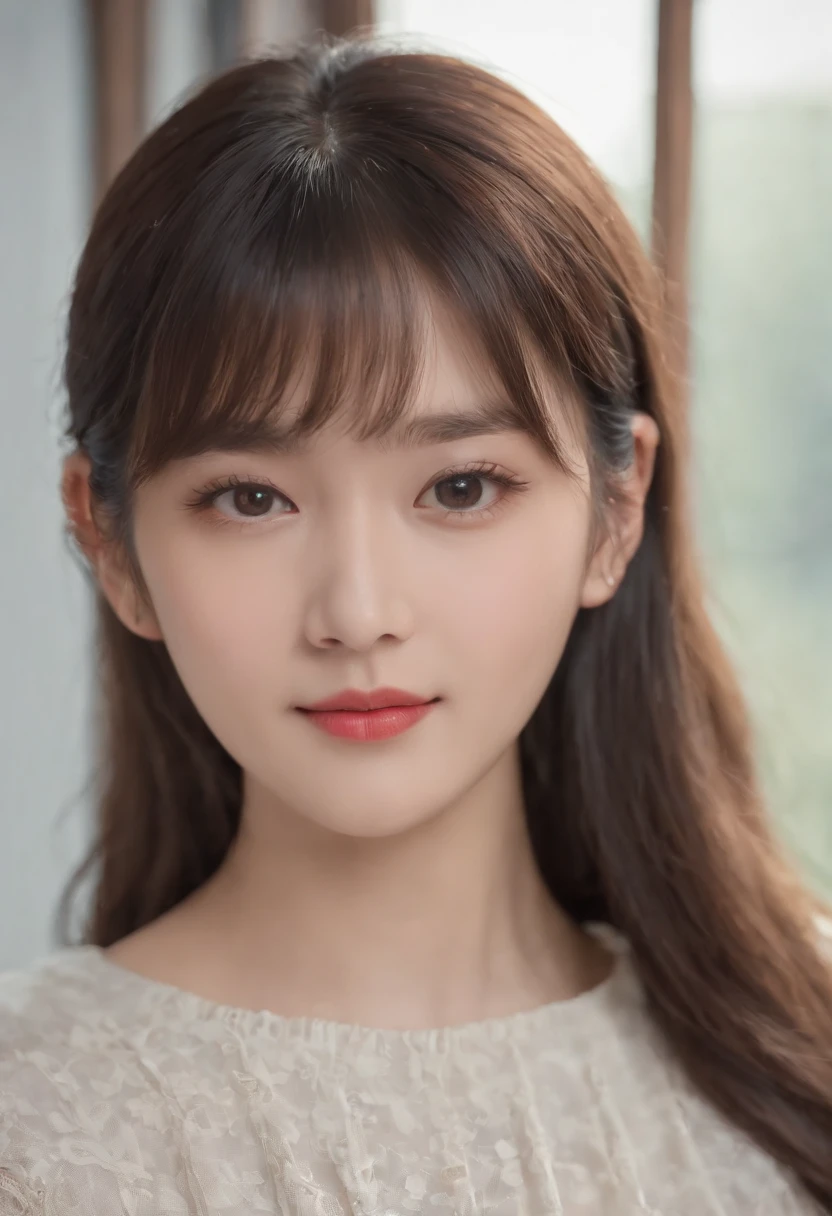 top-quality, Photorealsitic, ​masterpiece, 8K, Hi-Res, 独奏, 1girl, (((infp young woman))),sixteen years old、full bodyesbian、(small tits), ((Look at viewers)), (look at a camera), ((Various hairstyles close to long)）、Perfect straight black hair、((With bangs))、 (profetional lighting), Highly detailed bright face、Gentle Japan girl、lovely smile、White T-shirt（long-sleeve）、Checked pleated skirt、Standing in the room