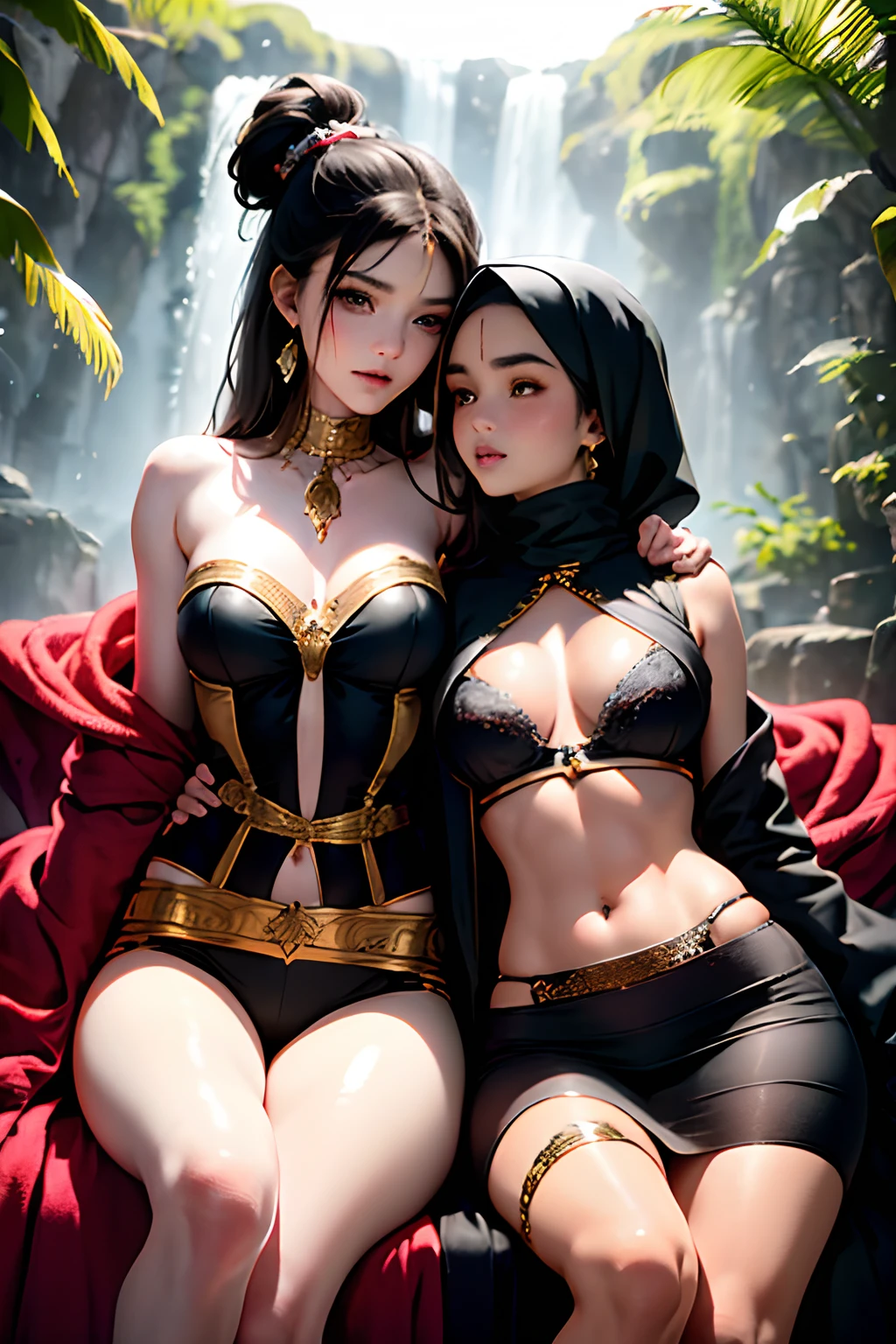 Mavtan Moroccan Islamic surreal super detail,model shoot,two girls sitting together,duo,Dynamic pose,leering,(Dream belt,Dream robes,Fantastic ribbons),Hug and touch each other,Biting a friend's earlobe, Hug each other from behind, Touch your friend's chest from below,