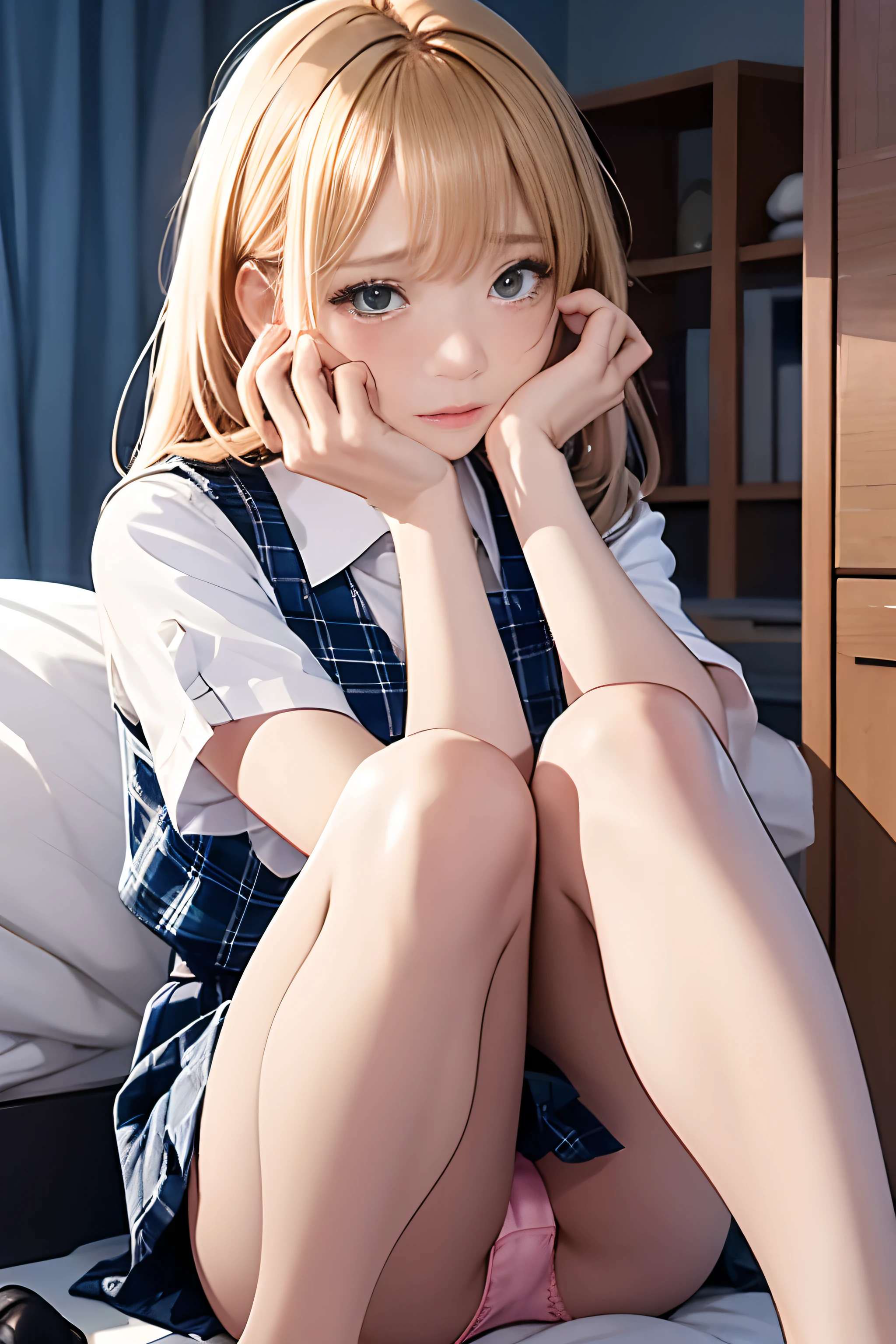 photorealisim、top-quality、超A high resolution、NSFW、animesque、Japanese high school  girl、Girl in uniform on bed、M-shaped legs、She is showing off her panties with her legs wide open、Looking at the camera、((blondehair))、((Pink Satin Panties))、Stains on panties、Light blue shirt、Dark blue tartan plaid pleated skirt、Detailed cute and beautiful face、(pureerosface_v1:0.008)、Brown-eyed、eye liner、red blush、embarrassed from、glares、 shiny lips: 1.4,  humiliated、impatience、Frightened、glares、Panty appeal、Close-up in panties:1.3、red blush、is crying、Crying、Open knees、open one's legs、Disheveled clothes、Dressing、Dark blue socks、Wearing sweat、sodden,  Medium Long Hair,In the bedroom late at night,