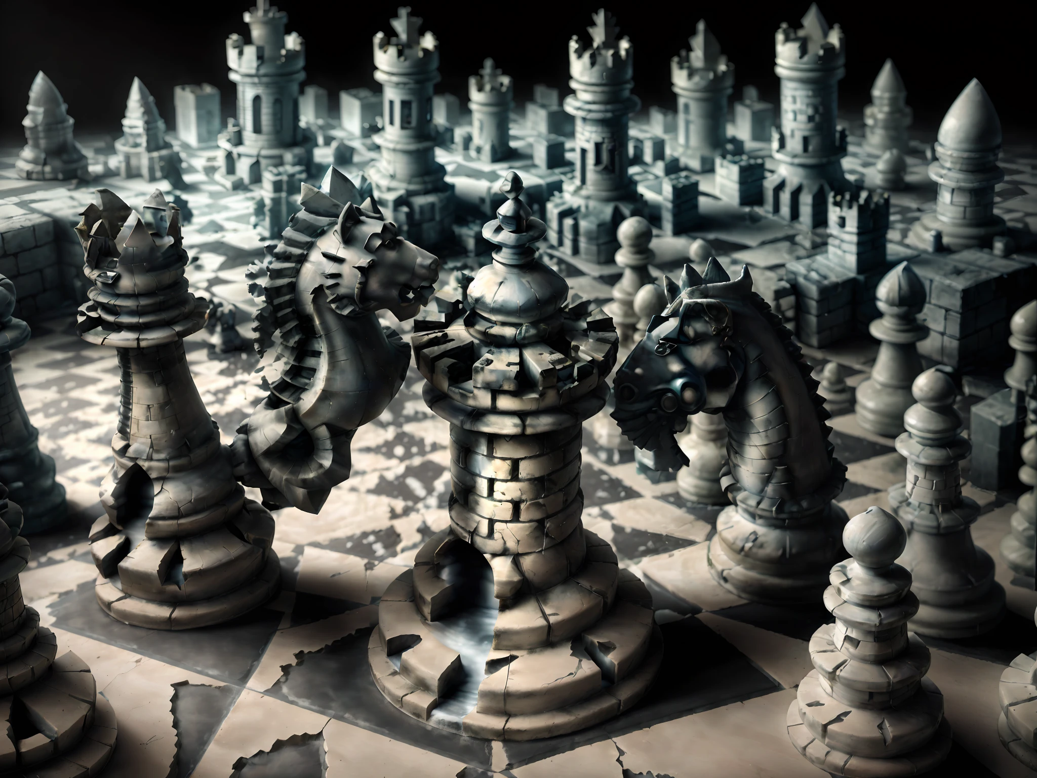 the tower, A giant rook in a checkered desert landscape, chess piece castle, biomechanical chsworld