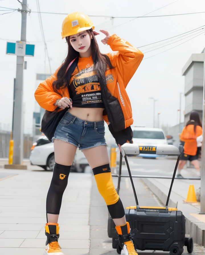 Young Women Workers、Good Style、helmets、Orange-yellow tops、、Idol face、large full breasts、、Half jacket、Shorts、Tool box under your feet