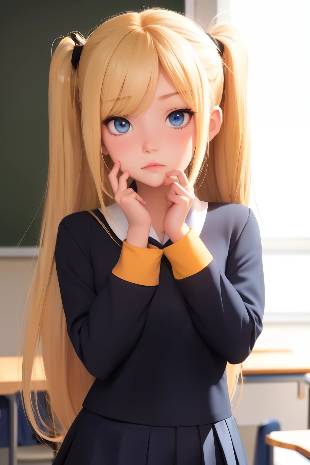 tsundere two-dimensional blonde girl classroom uniform blue eyes shy