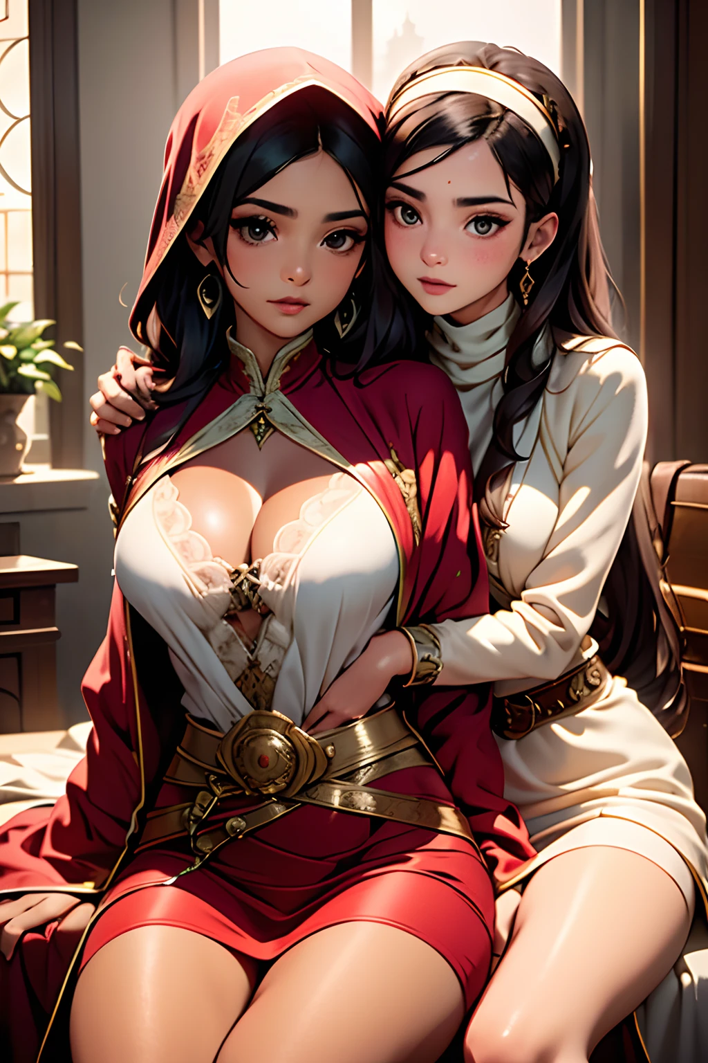 Mavtan Moroccan Islamic surreal super detail,model shoot,two girls sitting together,duo,Dynamic pose,leering,(Dream belt,Dream robes,Fantastic ribbons),Hug and touch each other,Biting a friend's earlobe, Hug each other from behind, Touch your friend's chest from below,