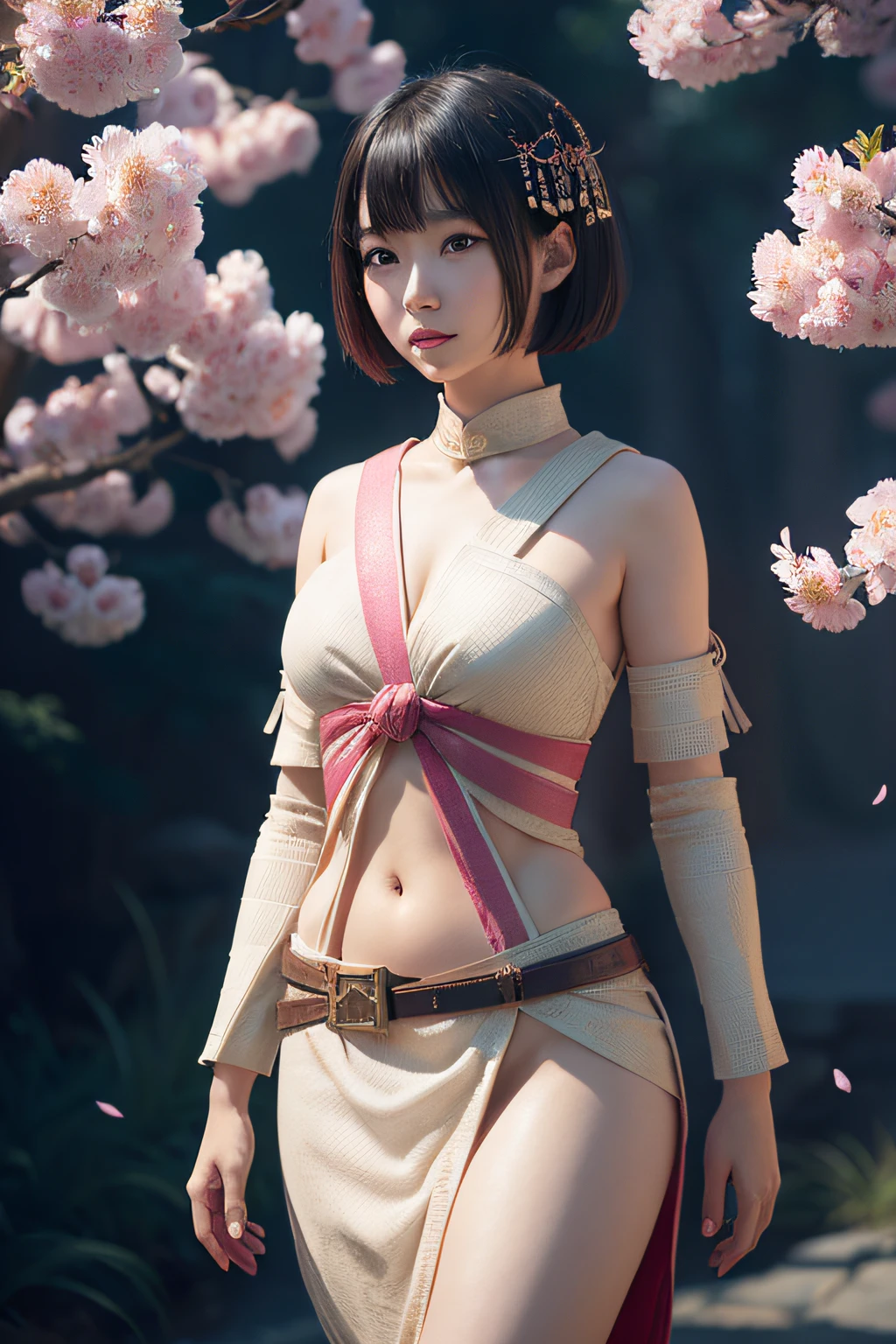 beautiful japanese young woman, wearing ninja armor made of papyrus, thick symmetrical features, very short hair, background is cherry blossoms, pink aura, red lips, octane render,