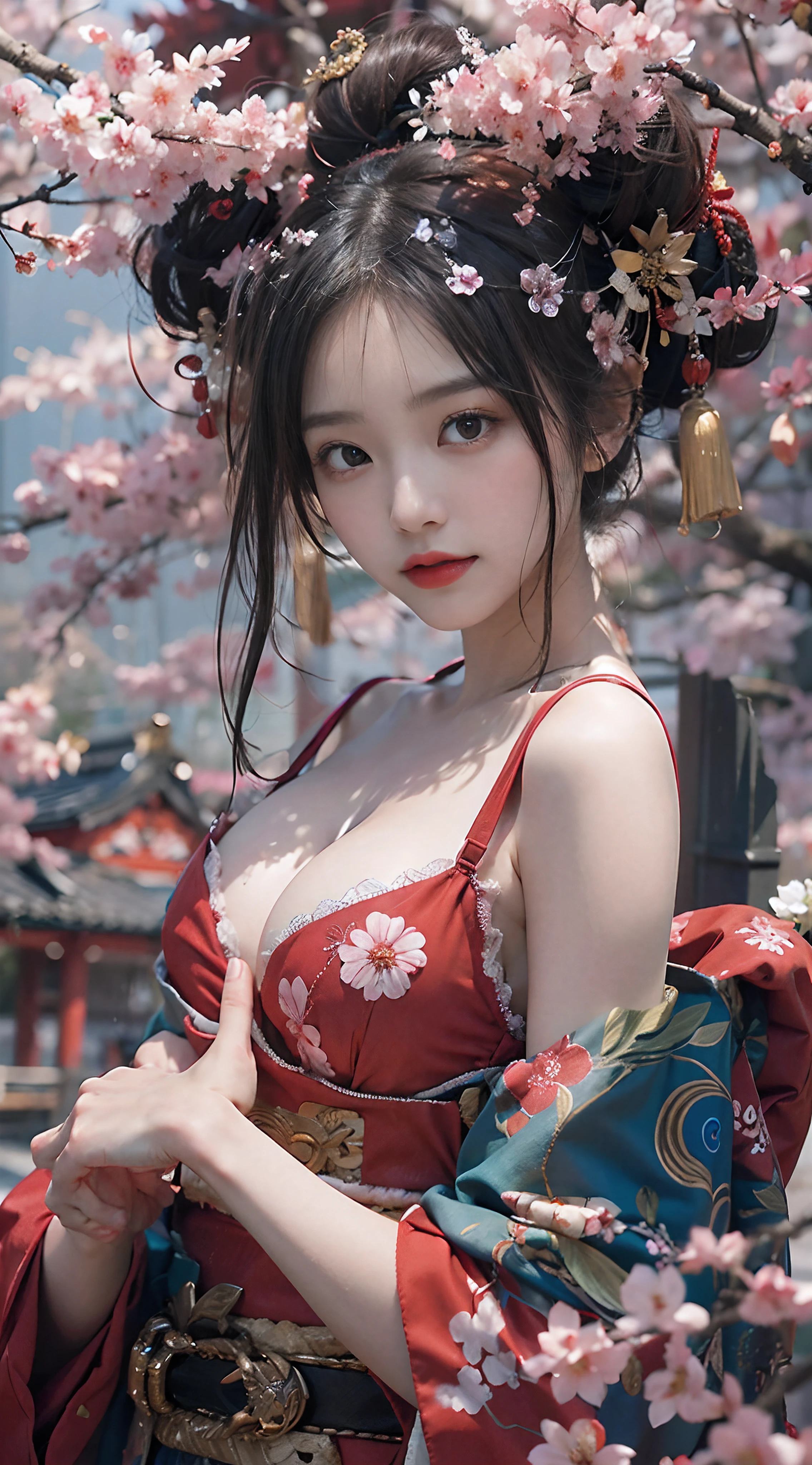 breasts looking ,Valley ,Chest exposed ,Skin is visible ,Natural Breast ,Clothes come off、off shoulders、Oiran Style、undergarment、bra very
