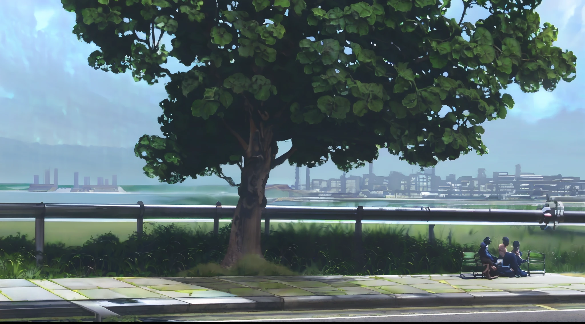 there is a empty street, Street by the water, the sea seen behind the city, tree is in the center of street, beach trees in the background, nature growing around the city, distance view, trees in background, Road side view, ocean road side view,long distance view of city, tree center in pathway, some trees in the background,4k ultra quality, 1920*1080, landscape