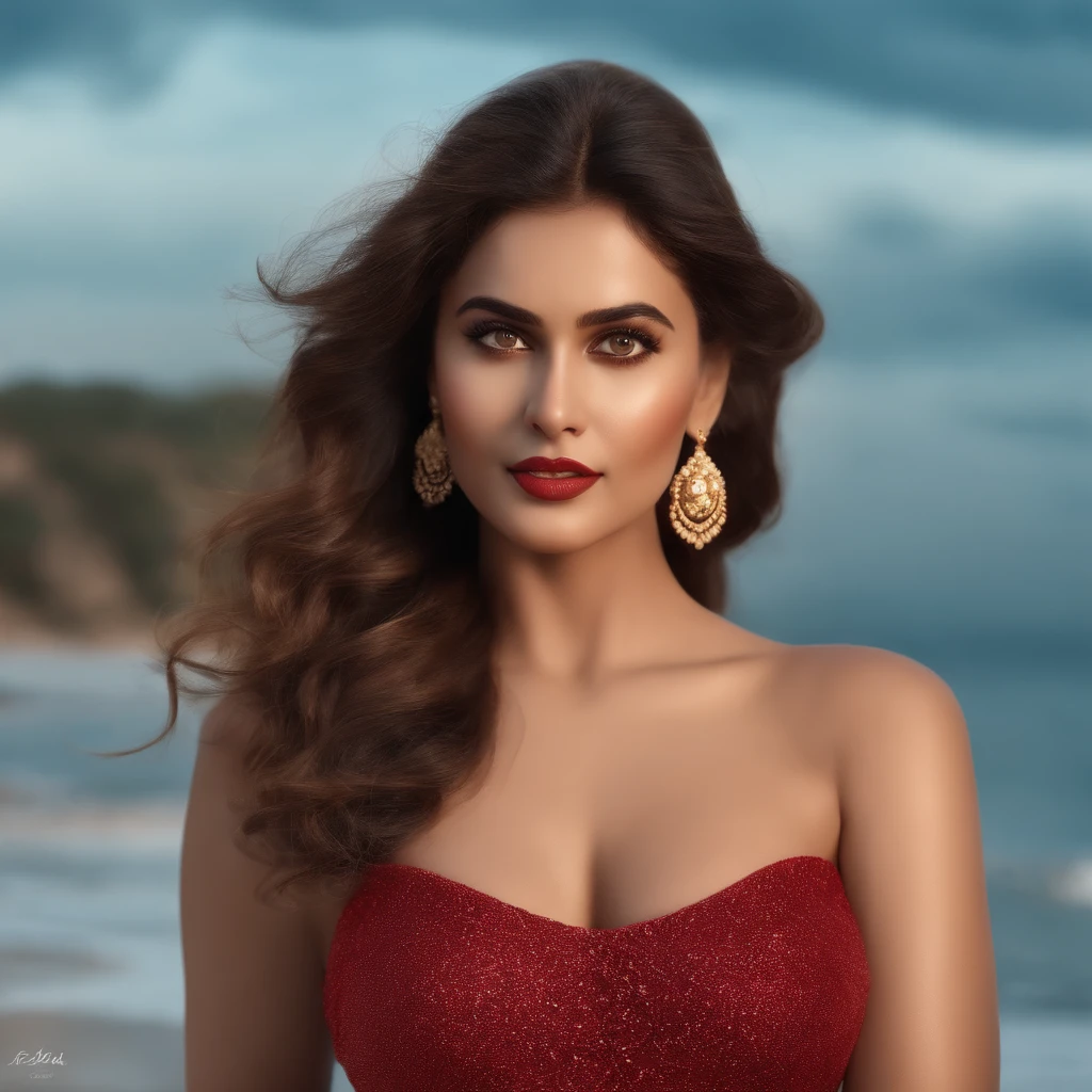 best quality,4k,8k,highres,masterpiece:1.2),ultra-detailed,(realistic,photorealistic,photo-realistic:1.37), age 22 lady , red hand beg,beautiful detailed eyes,beautiful detailed lips,extremely detailed face,long eyelashes,instream influencer,makeover inspiration, Sea side,bollywood actress-like beauty,portraits, REd colors,warm color tone,soft lighting , eating Ice-cream,
